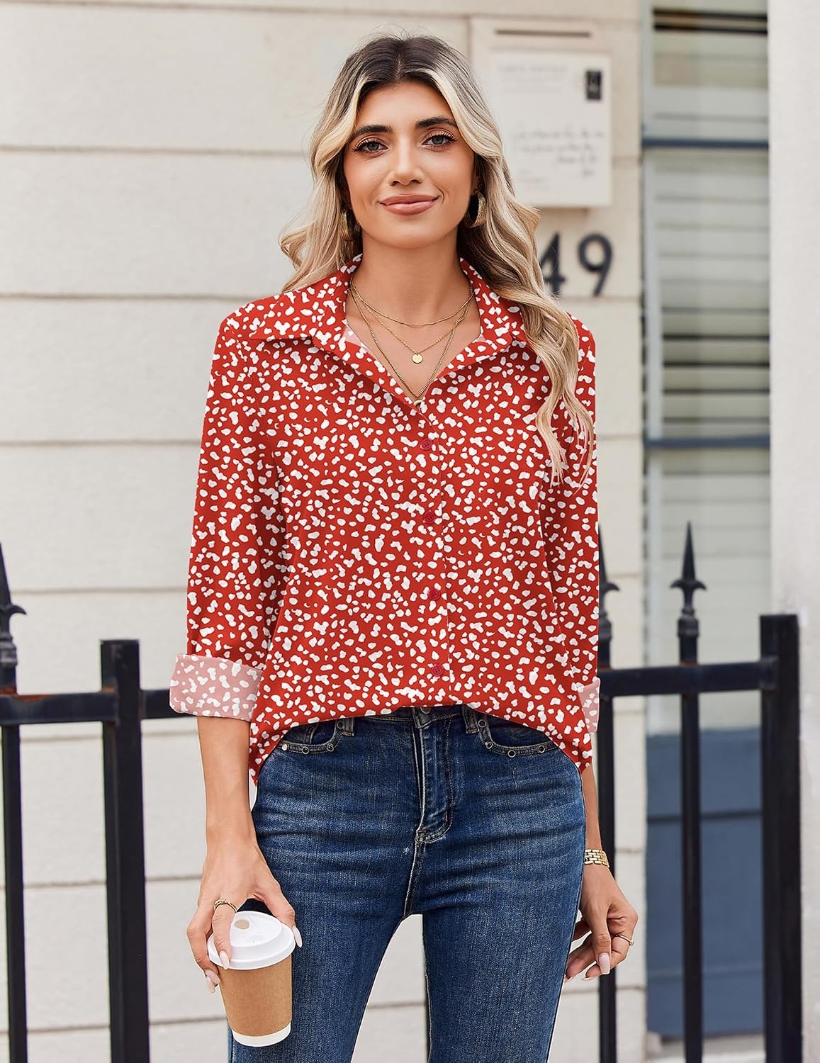 image:imageZeagoo Blouse for Women Dressy Long Sleeve Button Down Shirts V Neck TopsPolka Dot Red 590