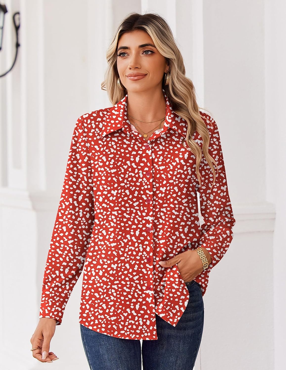 image:imageZeagoo Blouse for Women Dressy Long Sleeve Button Down Shirts V Neck TopsPolka Dot Red 590