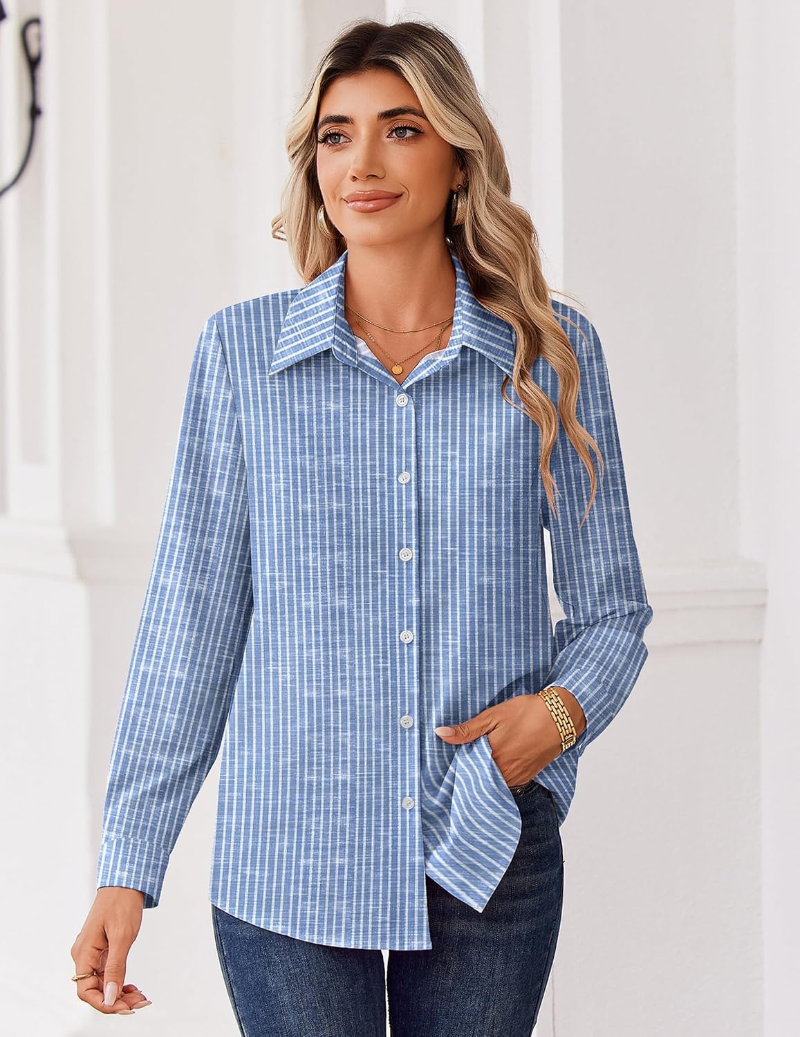 image:imageZeagoo Blouse for Women Dressy Long Sleeve Button Down Shirts V Neck TopsStripes Blue 273