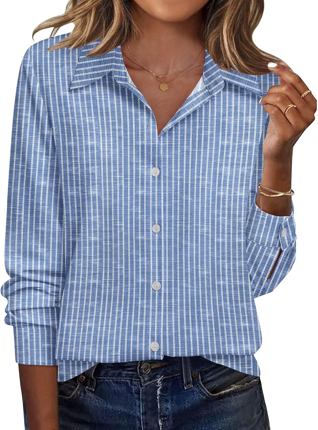 image:imageZeagoo Blouse for Women Dressy Long Sleeve Button Down Shirts V Neck TopsStripes Blue 273