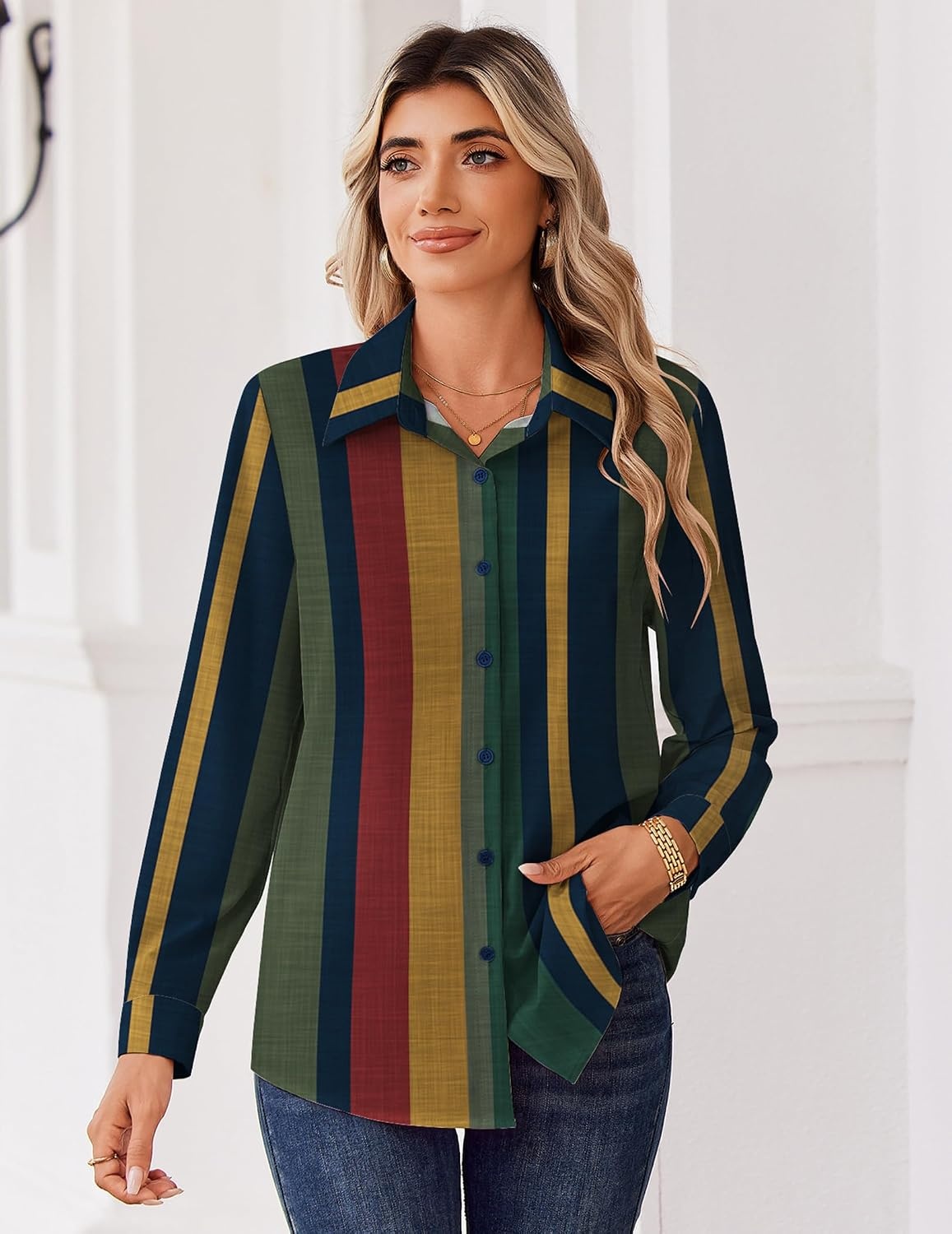 image:imageZeagoo Blouse for Women Dressy Long Sleeve Button Down Shirts V Neck TopsStripes Multicolor 275