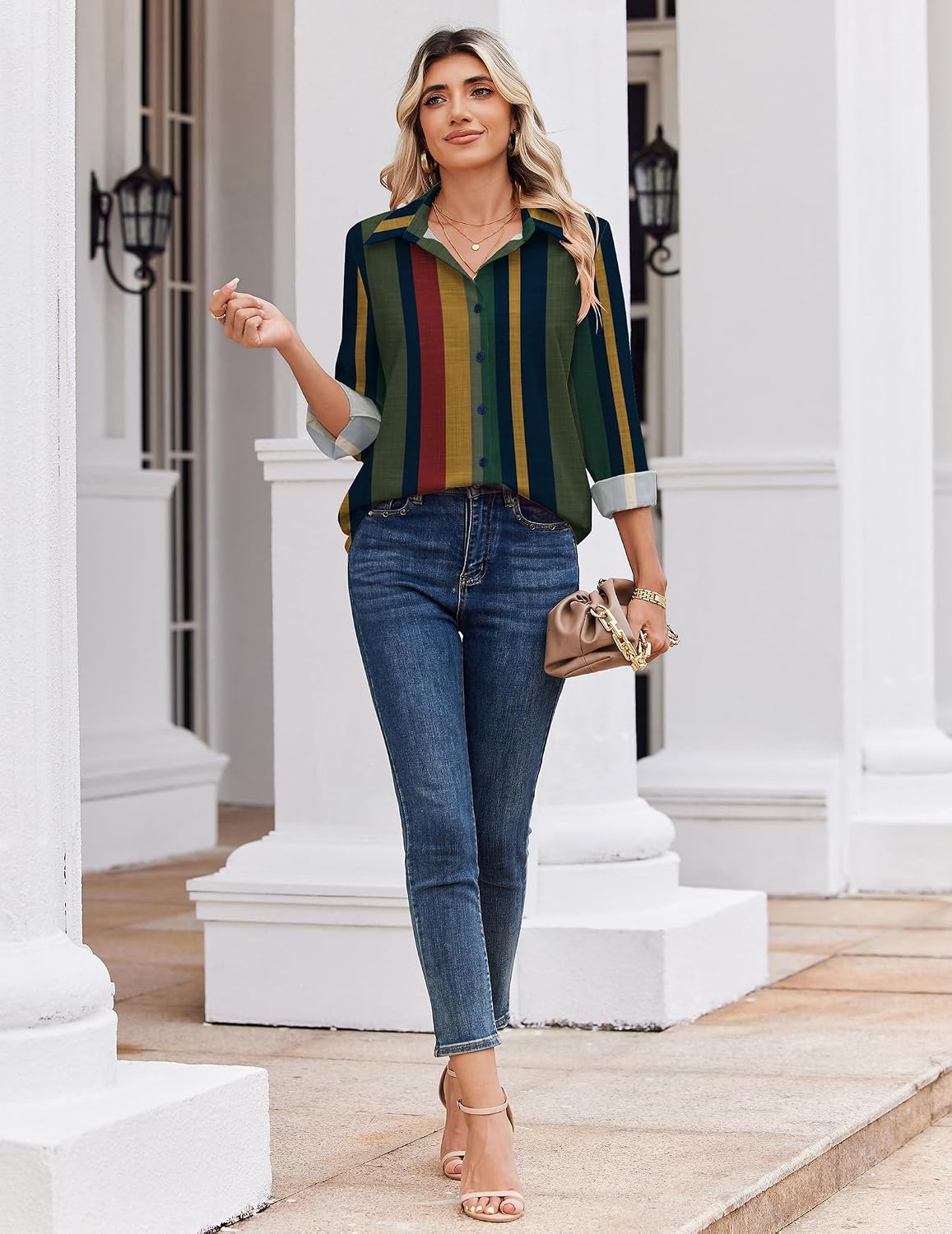 image:imageZeagoo Blouse for Women Dressy Long Sleeve Button Down Shirts V Neck TopsStripes Multicolor 275