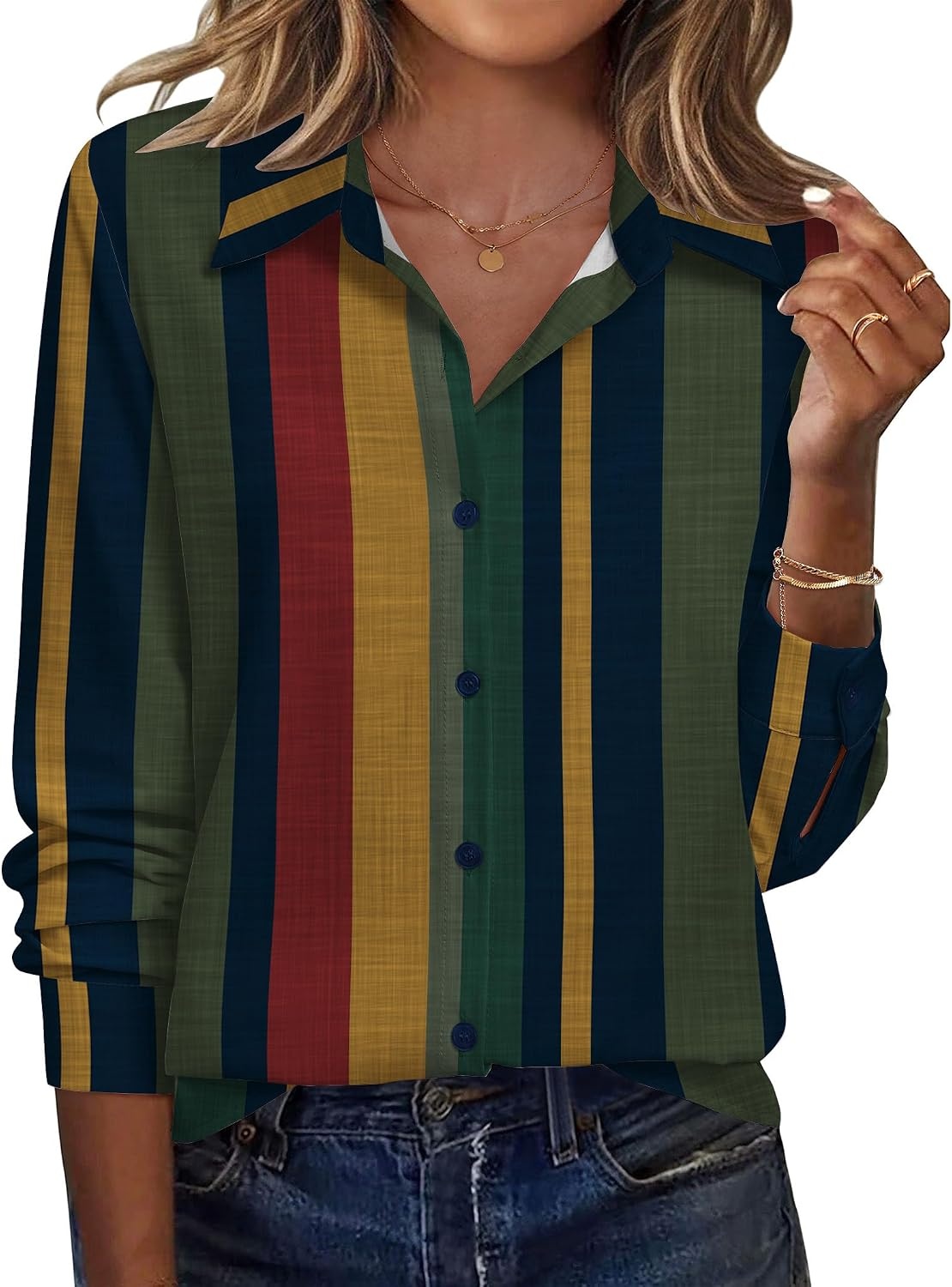 image:imageZeagoo Blouse for Women Dressy Long Sleeve Button Down Shirts V Neck TopsStripes Multicolor 275