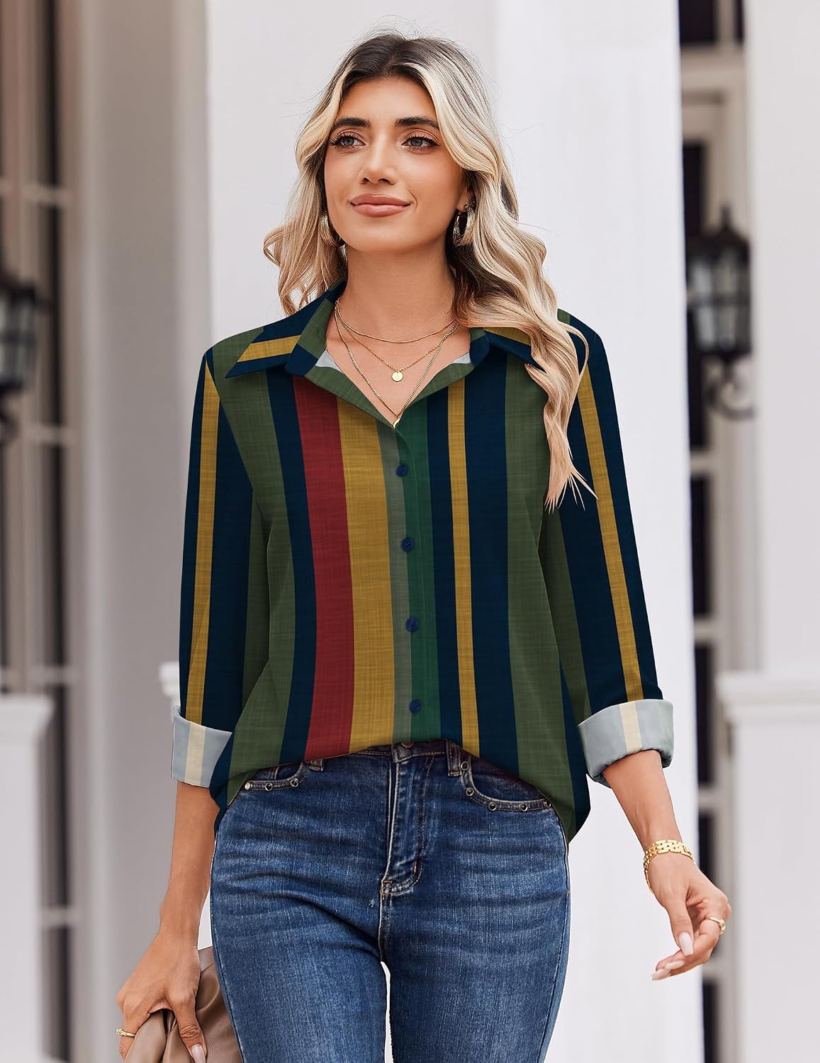 image:imageZeagoo Blouse for Women Dressy Long Sleeve Button Down Shirts V Neck TopsStripes Multicolor 275