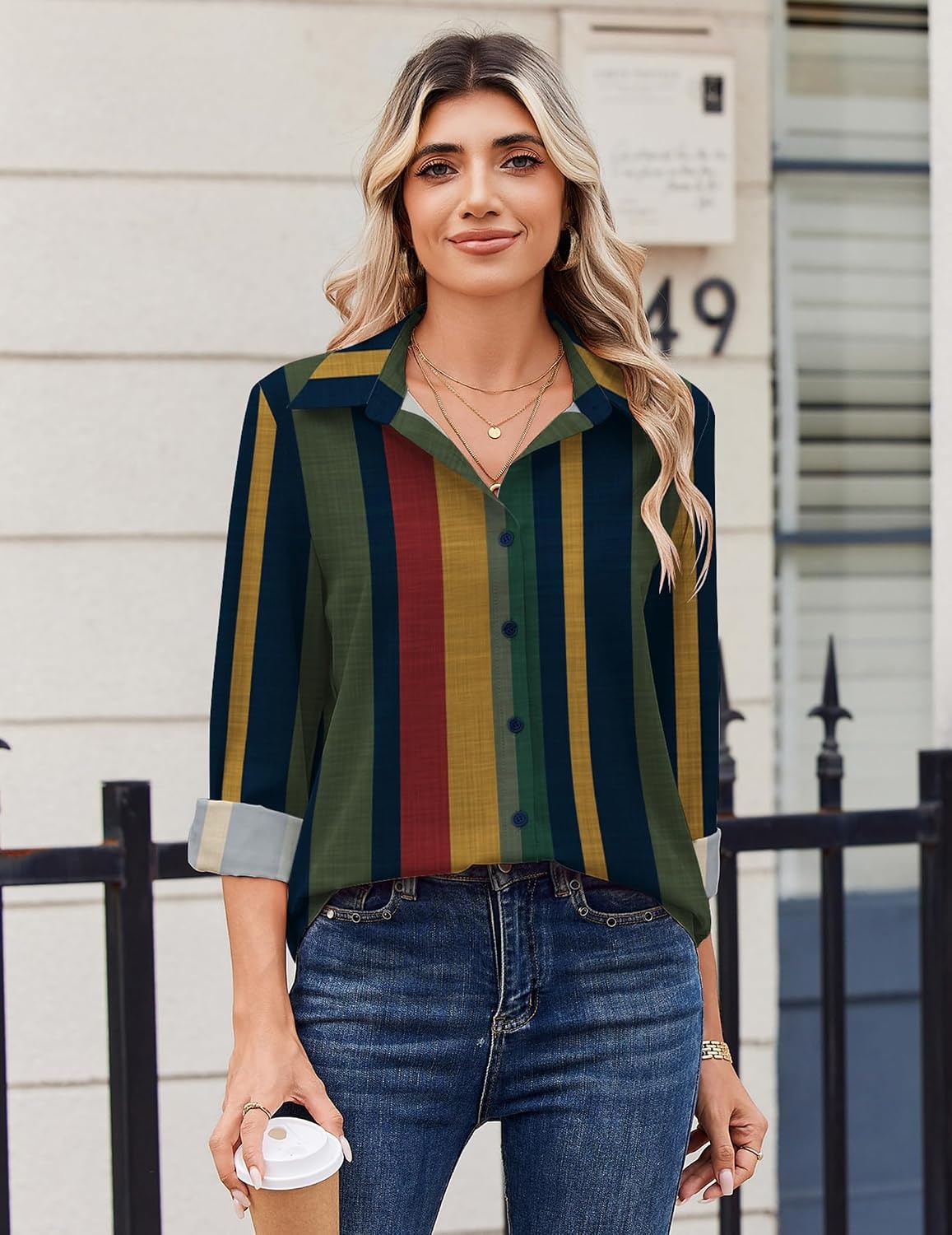 image:imageZeagoo Blouse for Women Dressy Long Sleeve Button Down Shirts V Neck TopsStripes Multicolor 275