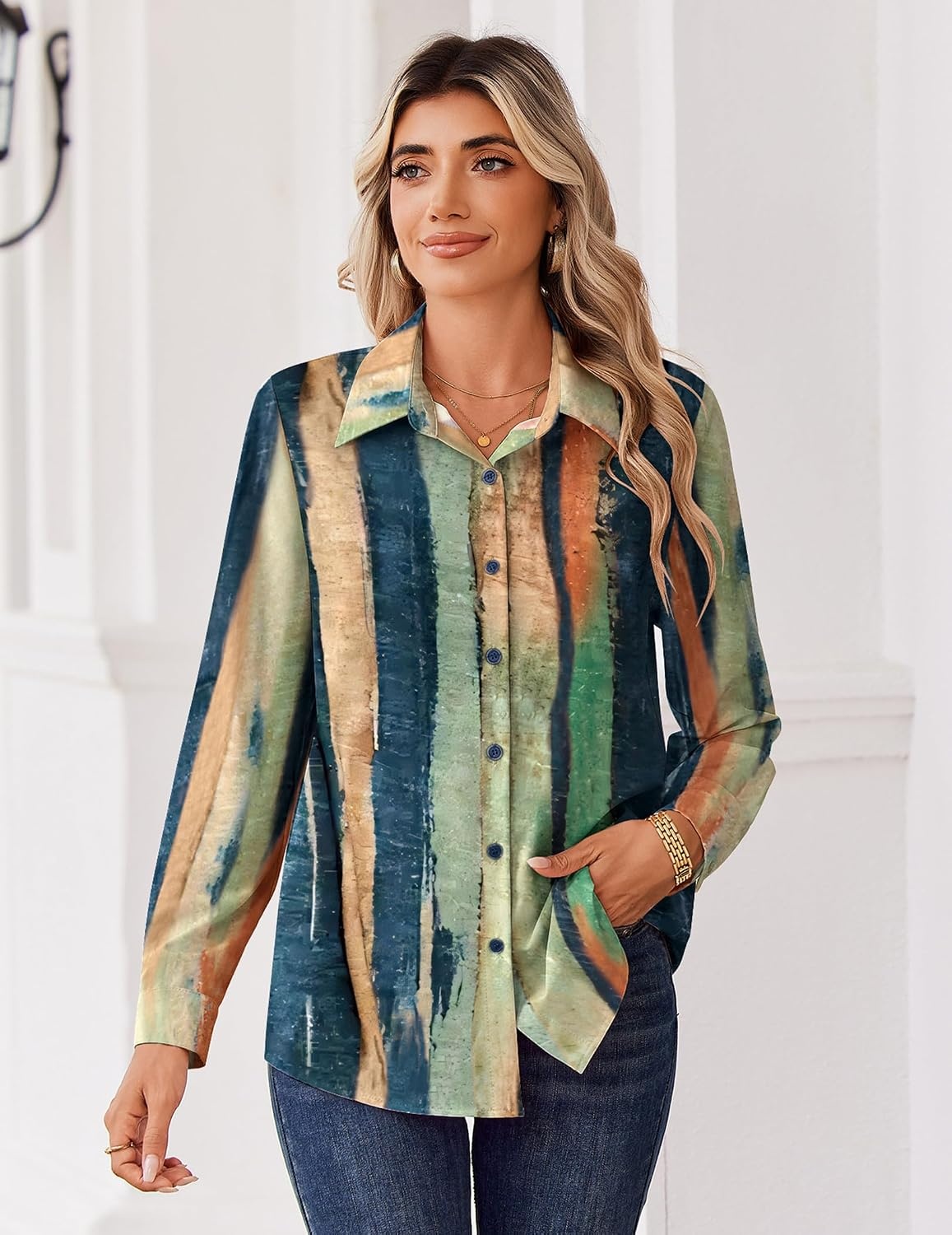 image:imageZeagoo Blouse for Women Dressy Long Sleeve Button Down Shirts V Neck TopsStripes Multicolor 289