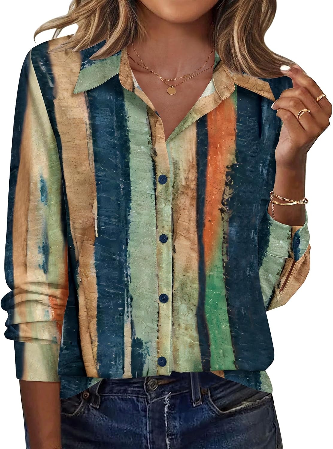 image:imageZeagoo Blouse for Women Dressy Long Sleeve Button Down Shirts V Neck TopsStripes Multicolor 289