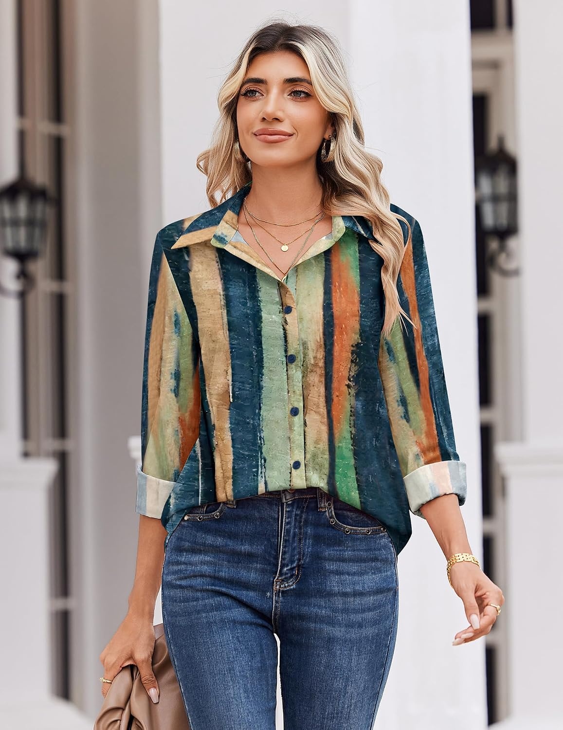 image:imageZeagoo Blouse for Women Dressy Long Sleeve Button Down Shirts V Neck TopsStripes Multicolor 289