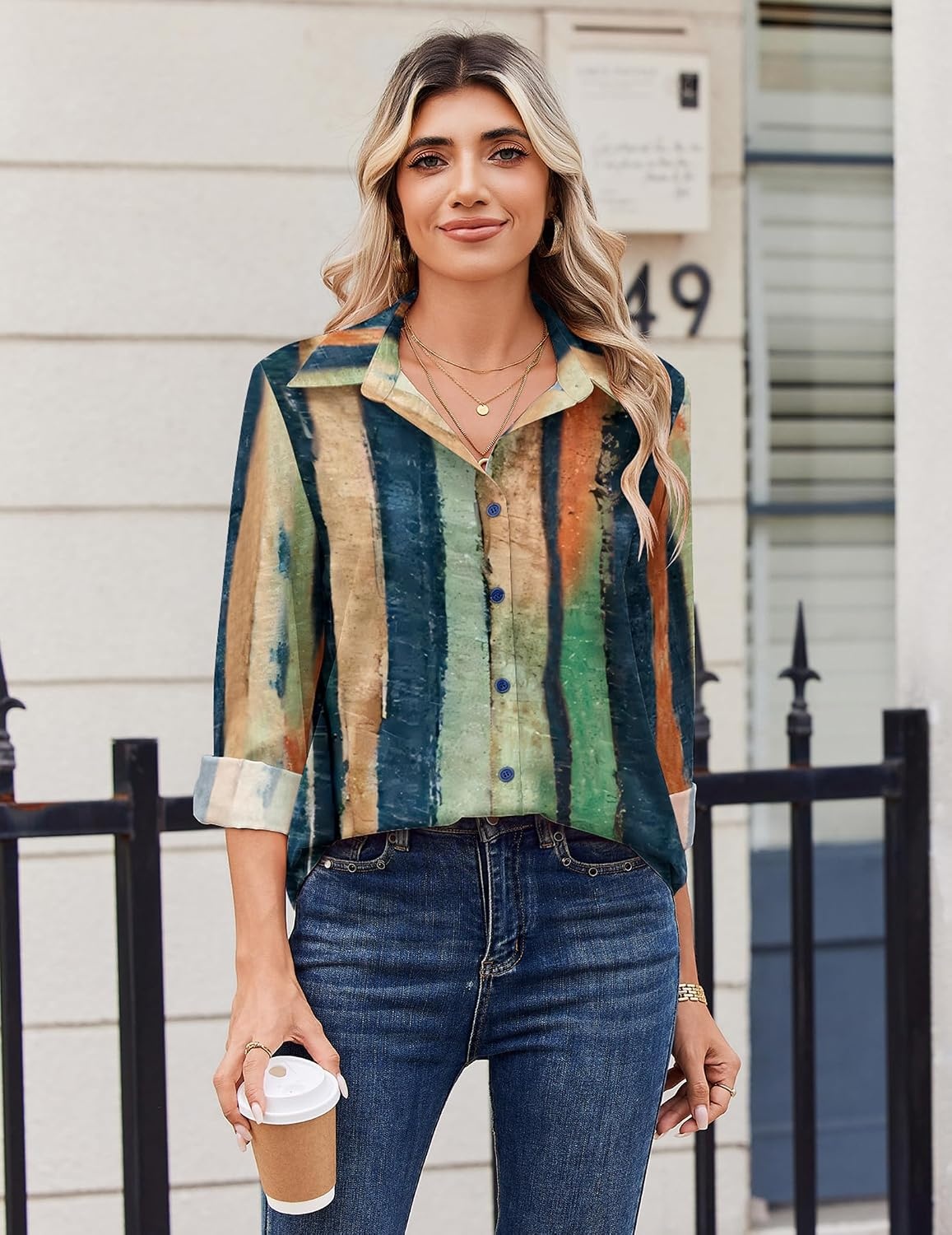 image:imageZeagoo Blouse for Women Dressy Long Sleeve Button Down Shirts V Neck TopsStripes Multicolor 289