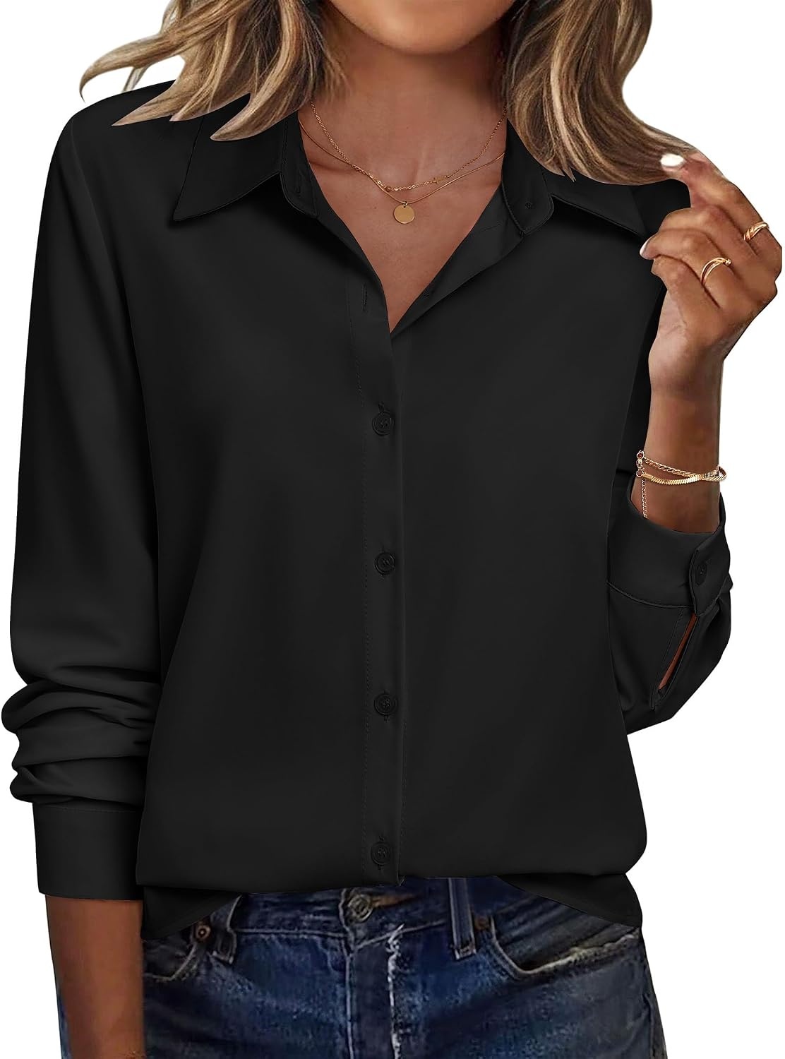 image:imageZeagoo Blouse for Women Dressy Long Sleeve Button Down Shirts V Neck TopsZ Black
