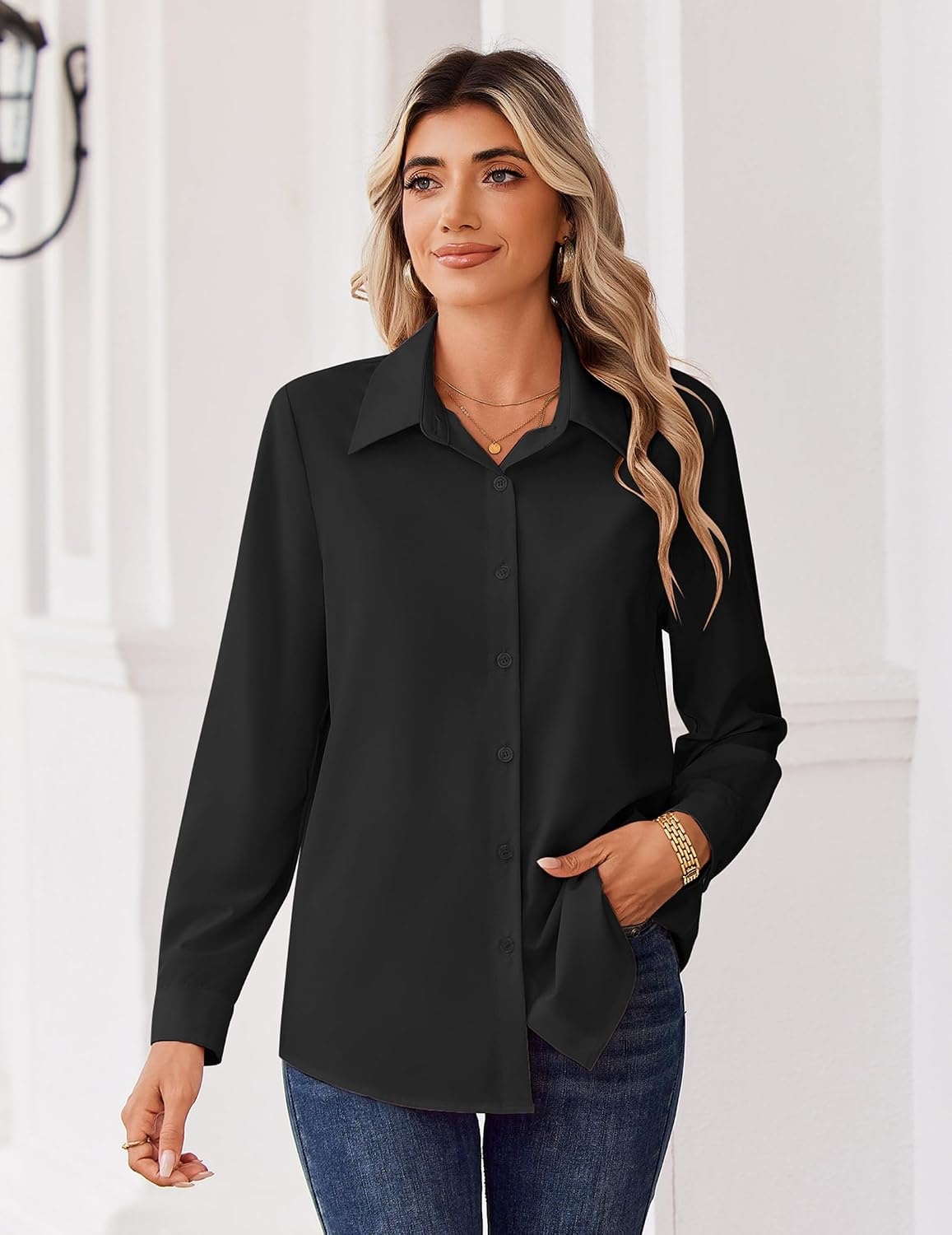image:imageZeagoo Blouse for Women Dressy Long Sleeve Button Down Shirts V Neck TopsZ Black