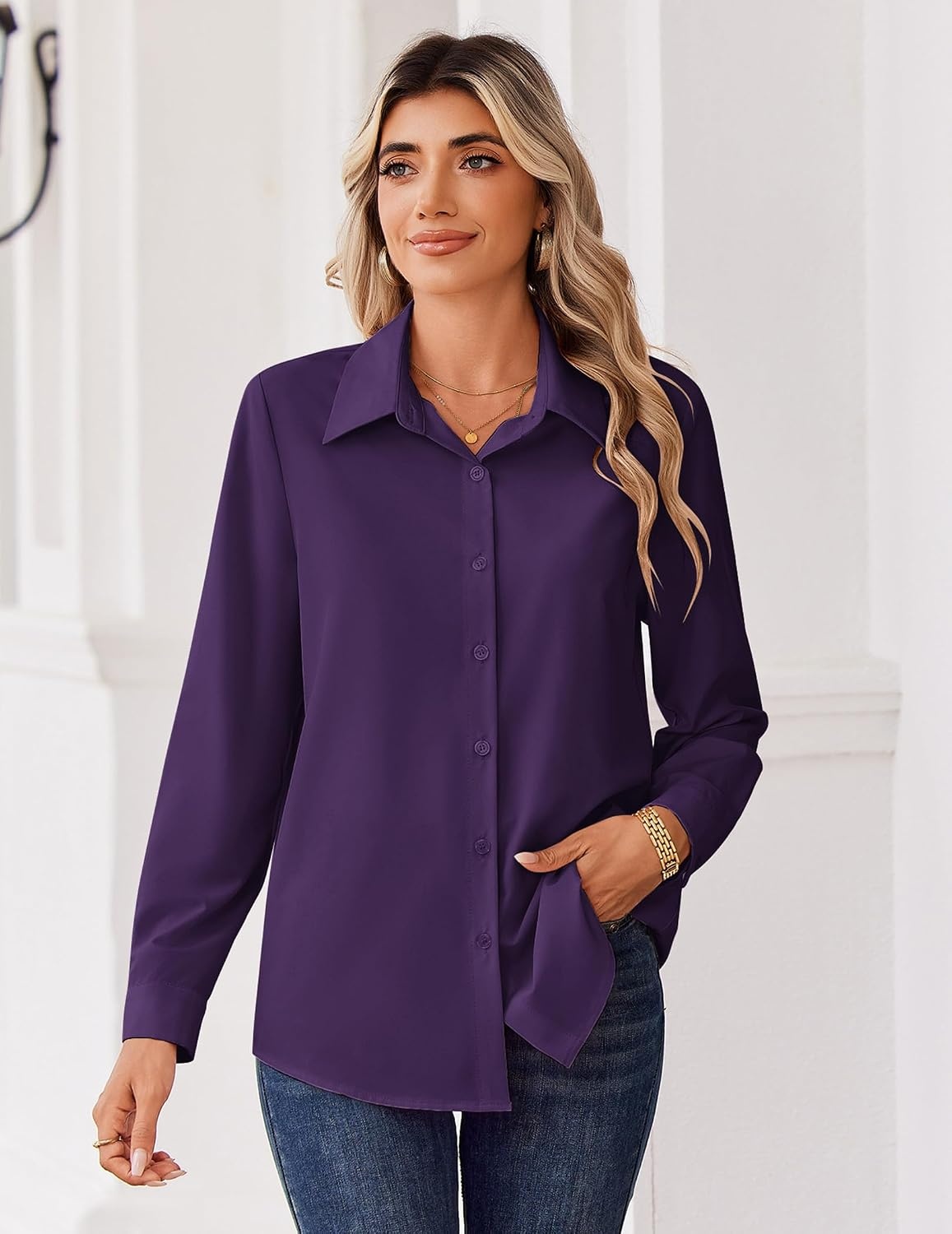 image:imageZeagoo Blouse for Women Dressy Long Sleeve Button Down Shirts V Neck TopsZ Deep Purple