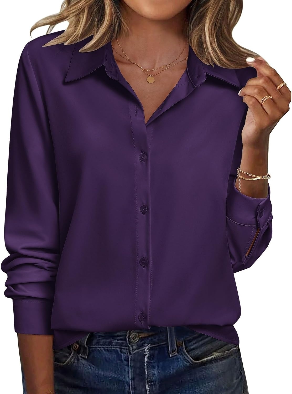 image:imageZeagoo Blouse for Women Dressy Long Sleeve Button Down Shirts V Neck TopsZ Deep Purple