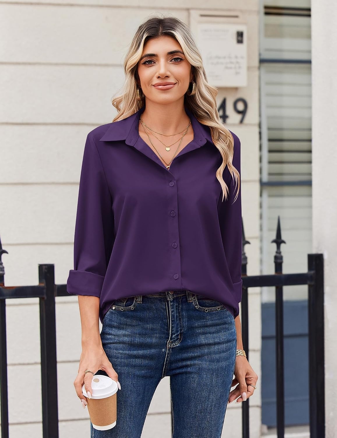 image:imageZeagoo Blouse for Women Dressy Long Sleeve Button Down Shirts V Neck TopsZ Deep Purple