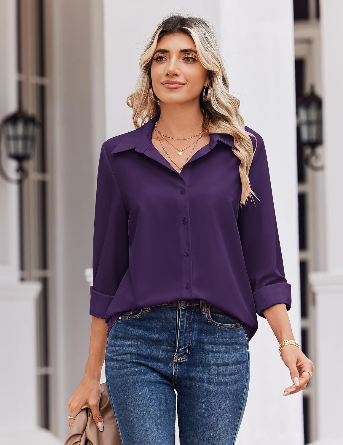image:imageZeagoo Blouse for Women Dressy Long Sleeve Button Down Shirts V Neck TopsZ Deep Purple