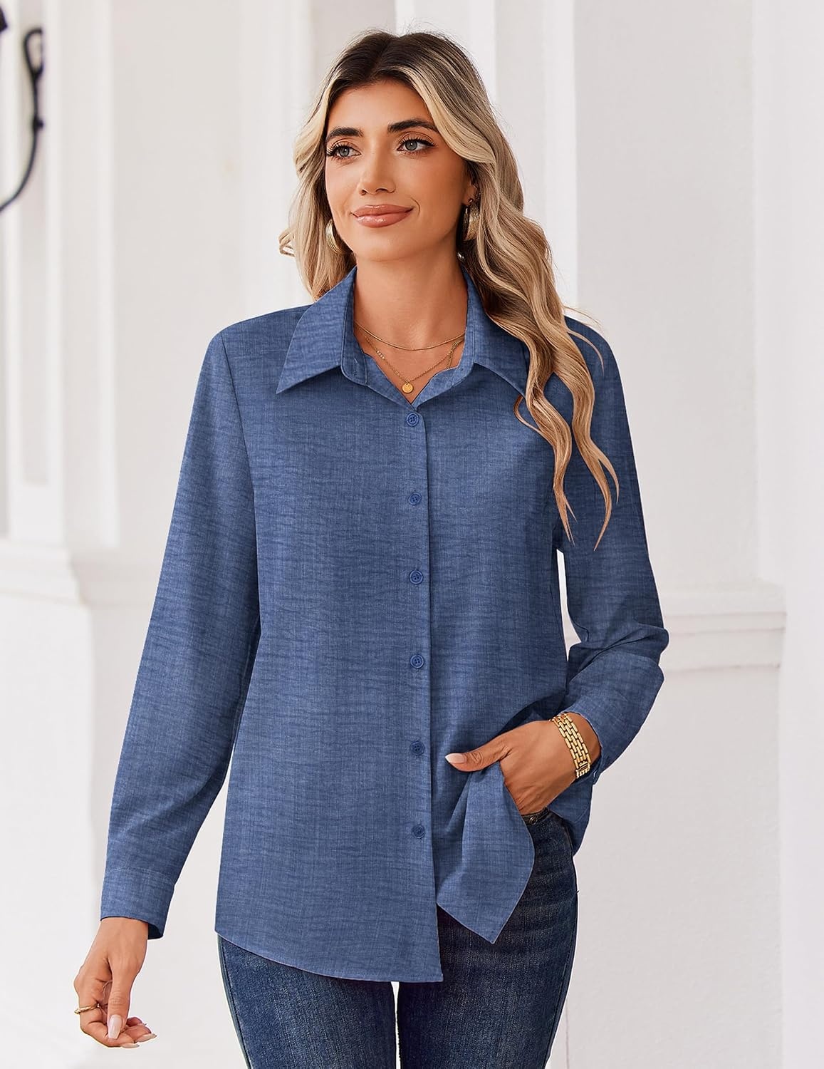 image:imageZeagoo Blouse for Women Dressy Long Sleeve Button Down Shirts V Neck TopsZ Denim Blue