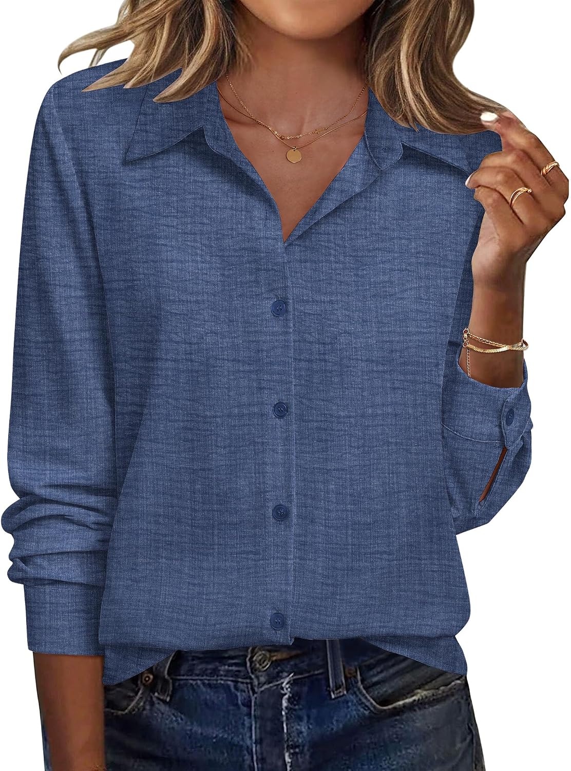 image:imageZeagoo Blouse for Women Dressy Long Sleeve Button Down Shirts V Neck TopsZ Denim Blue