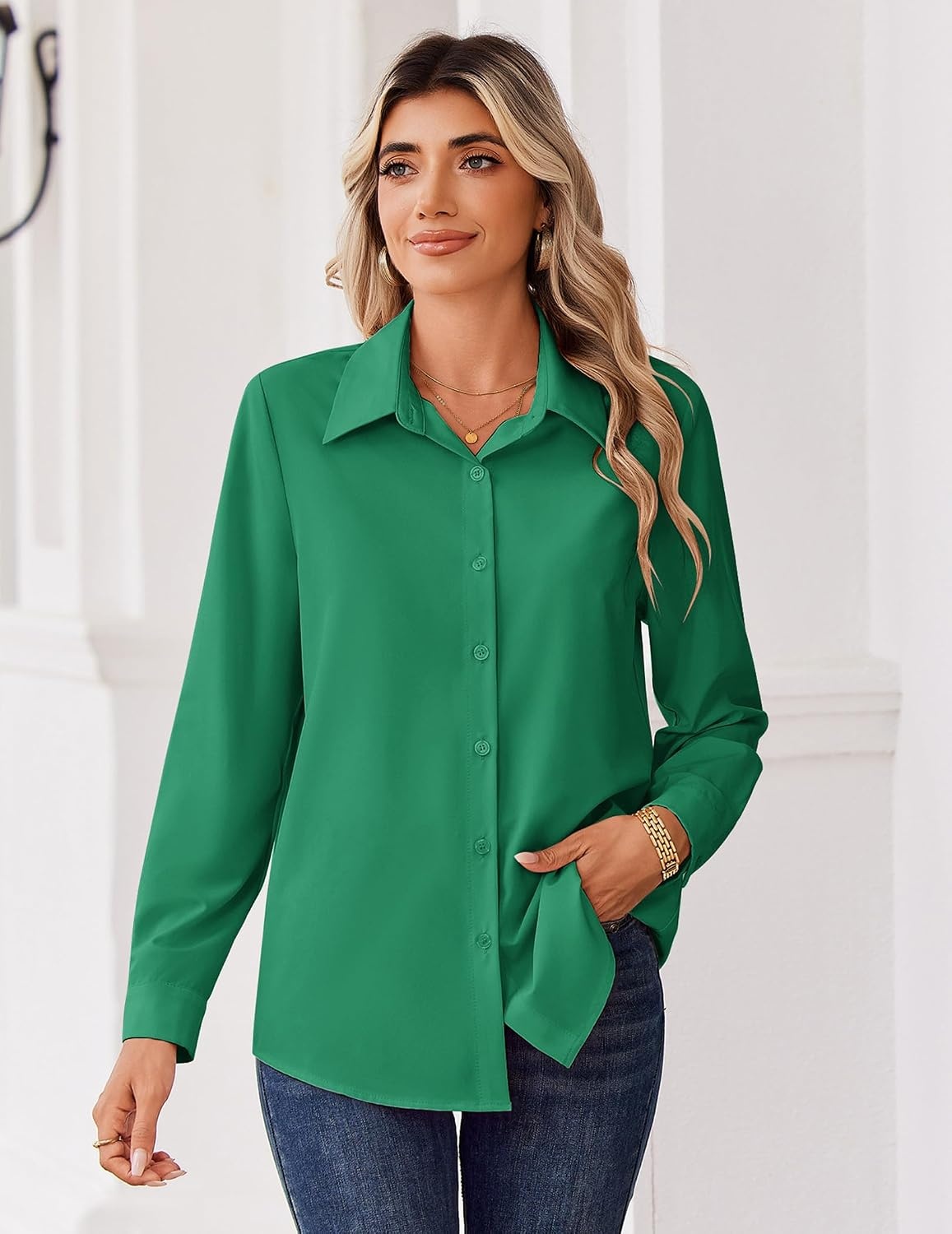 image:imageZeagoo Blouse for Women Dressy Long Sleeve Button Down Shirts V Neck TopsZ Evergreen