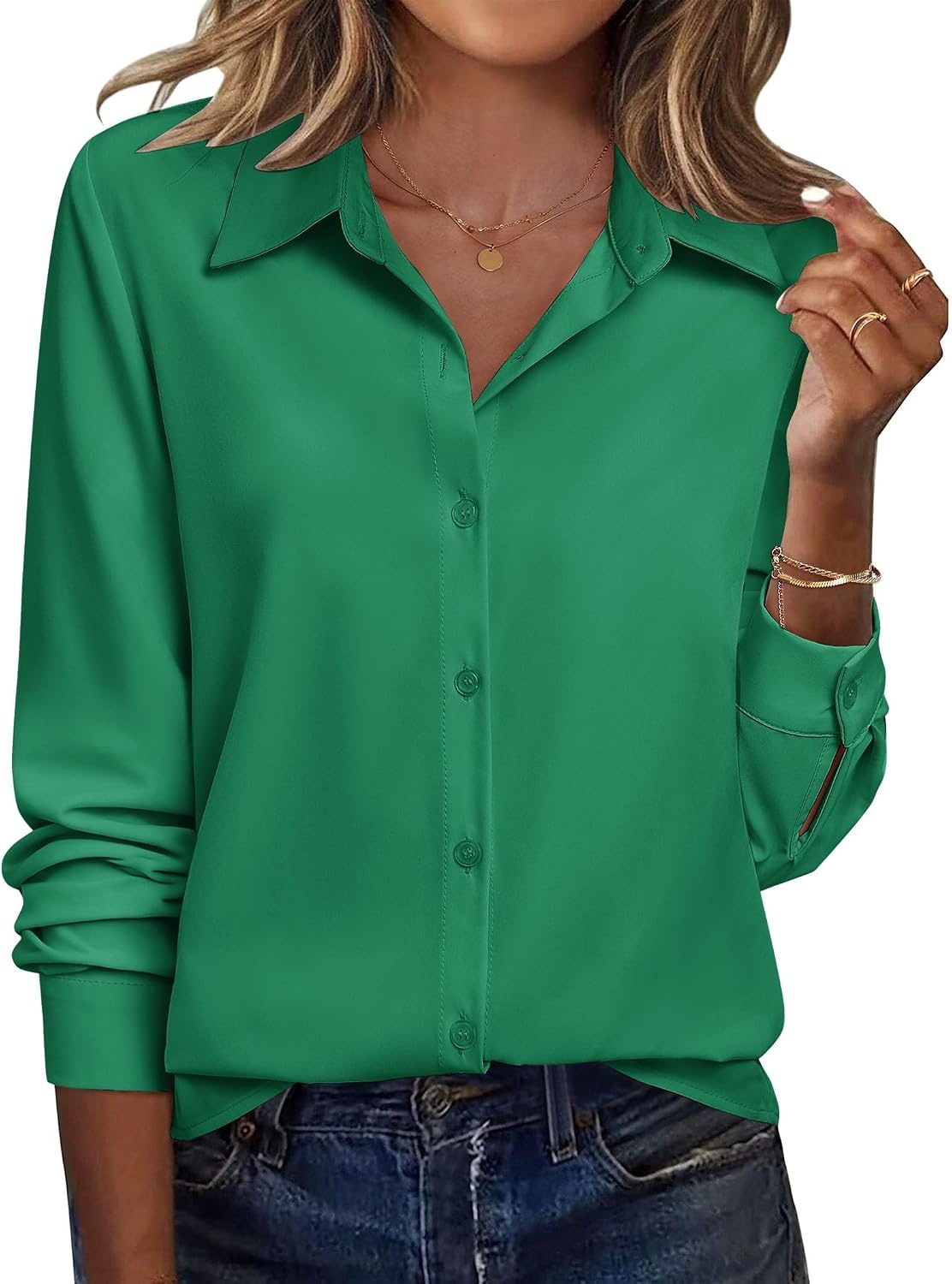 image:imageZeagoo Blouse for Women Dressy Long Sleeve Button Down Shirts V Neck TopsZ Evergreen