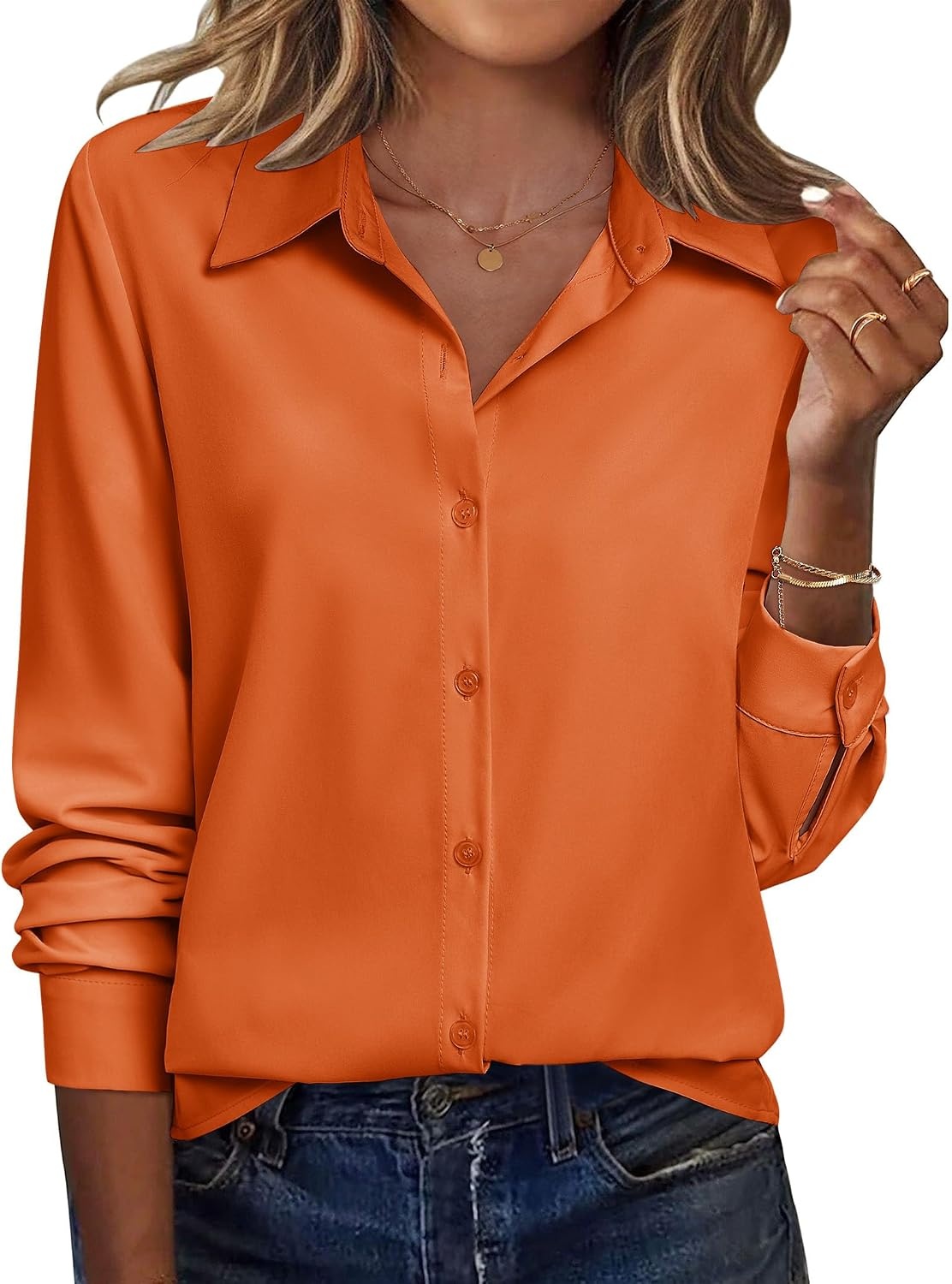 image:imageZeagoo Blouse for Women Dressy Long Sleeve Button Down Shirts V Neck TopsZ Orange