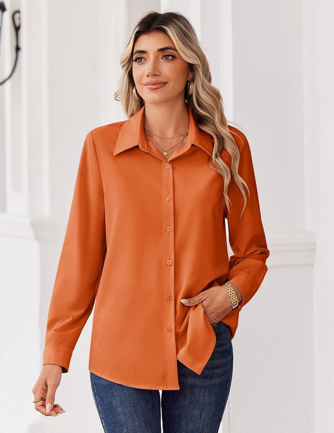 image:imageZeagoo Blouse for Women Dressy Long Sleeve Button Down Shirts V Neck TopsZ Orange