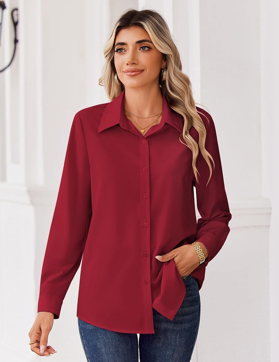 image:imageZeagoo Blouse for Women Dressy Long Sleeve Button Down Shirts V Neck TopsZ Red