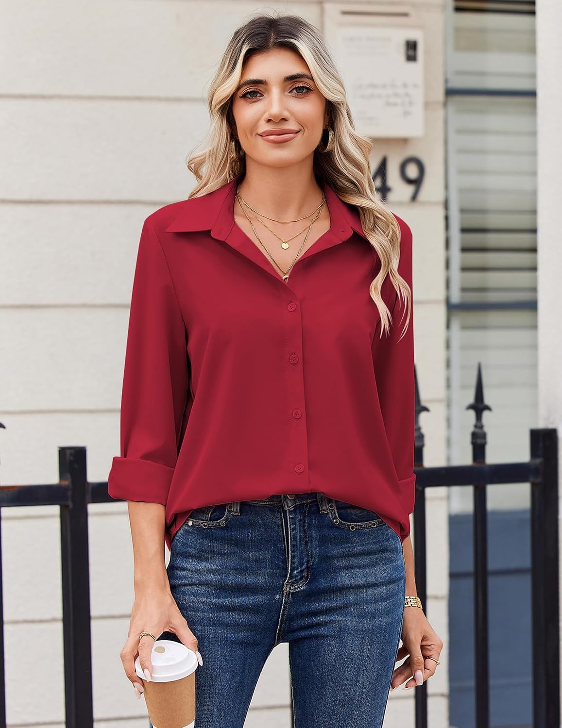 image:imageZeagoo Blouse for Women Dressy Long Sleeve Button Down Shirts V Neck TopsZ Red