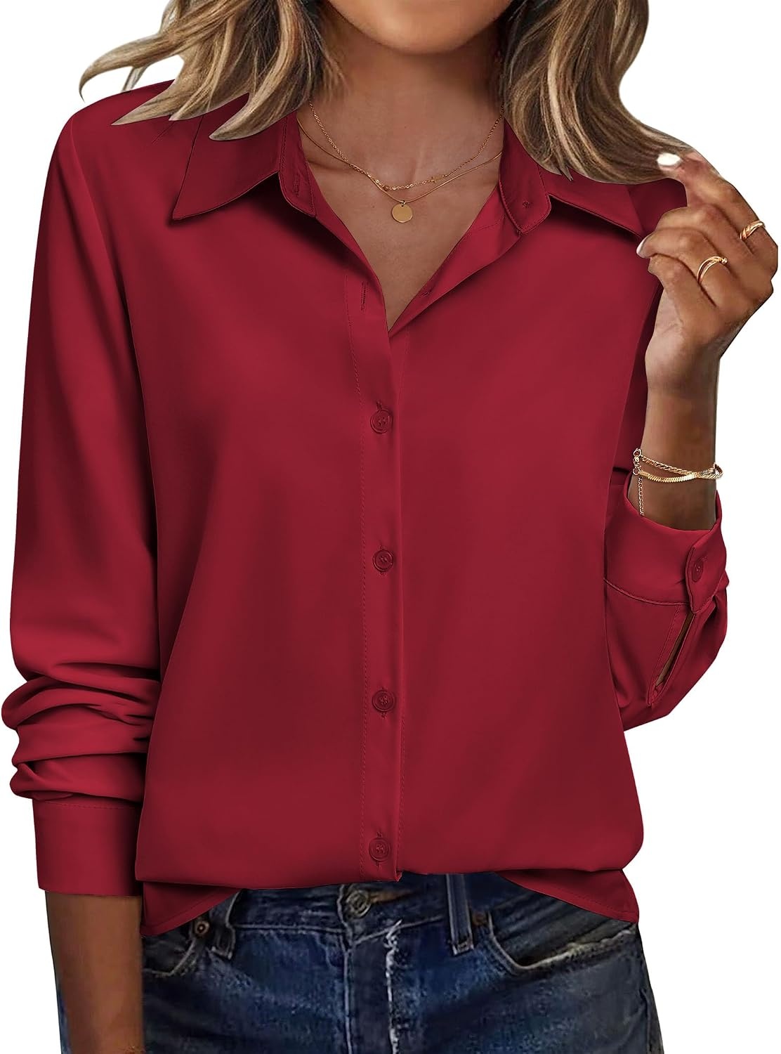 image:imageZeagoo Blouse for Women Dressy Long Sleeve Button Down Shirts V Neck TopsZ Red