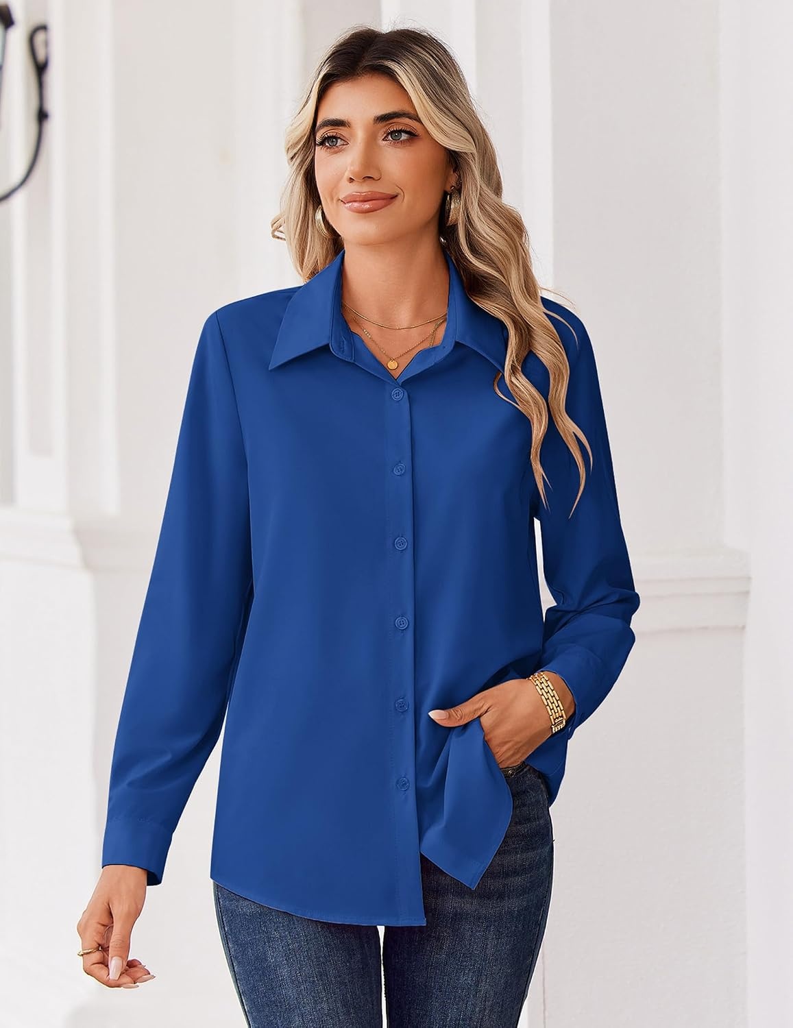 image:imageZeagoo Blouse for Women Dressy Long Sleeve Button Down Shirts V Neck TopsZ Royal Blue