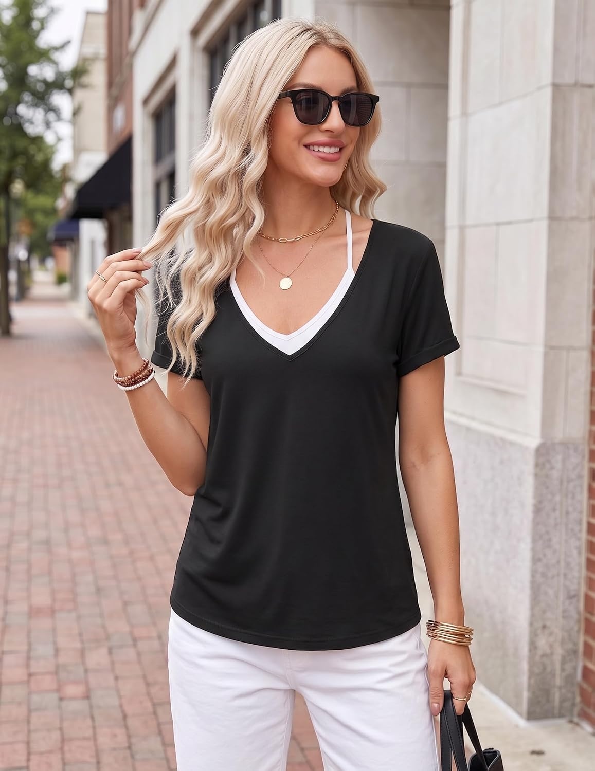image:imageZeagoo Sexy Tops for Women Deep V Neck Shirts Summer Tops Low Cut TshirtsA01black