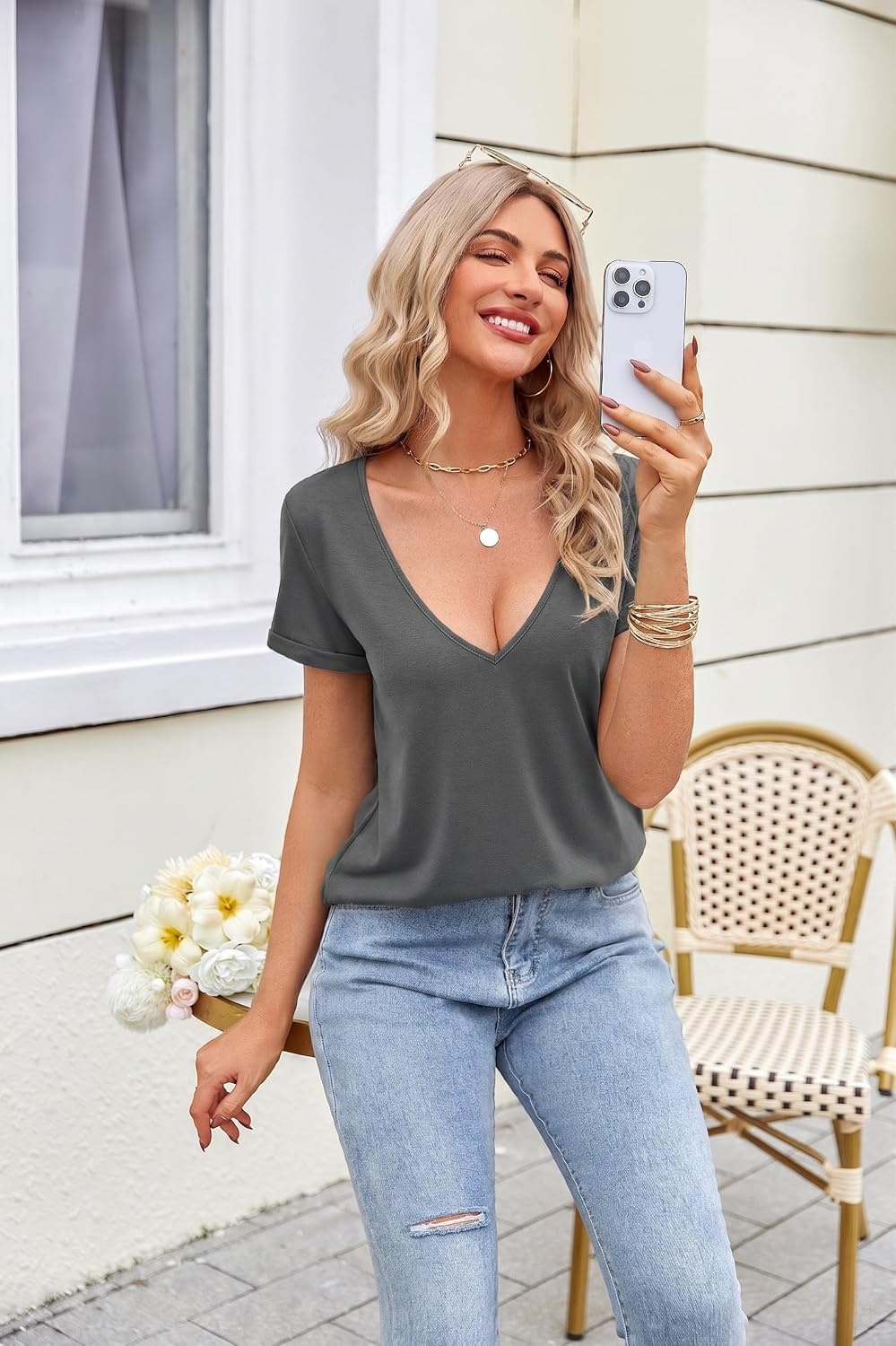 image:imageZeagoo Sexy Tops for Women Deep V Neck Shirts Summer Tops Low Cut TshirtsA01grey