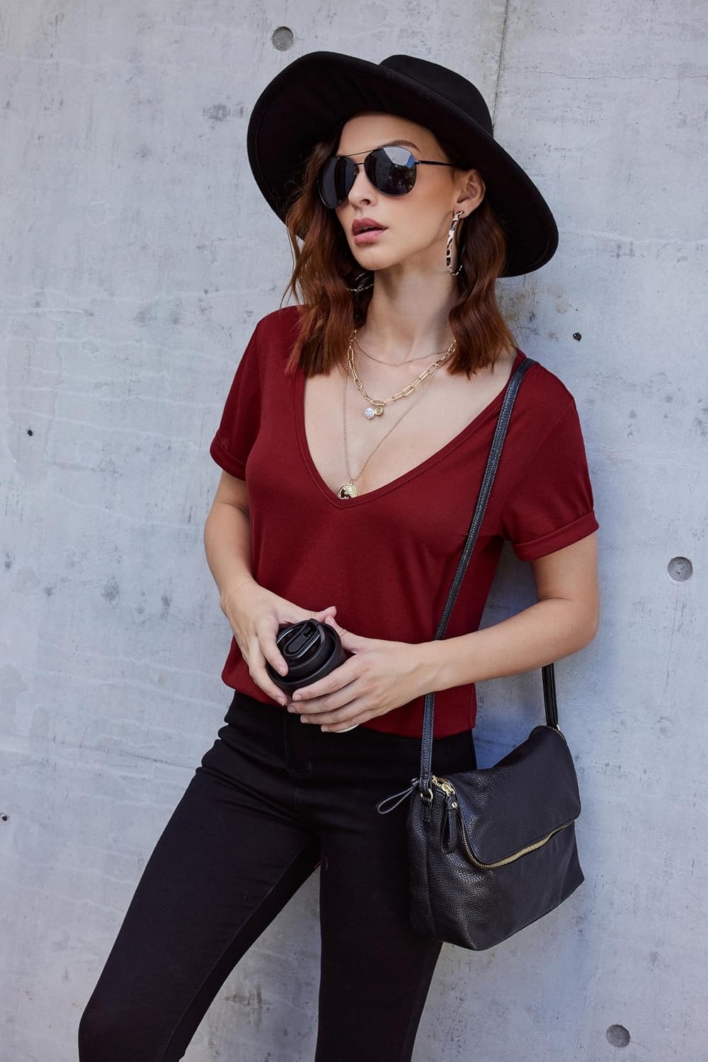 image:imageZeagoo Sexy Tops for Women Deep V Neck Shirts Summer Tops Low Cut TshirtsA01wine Red