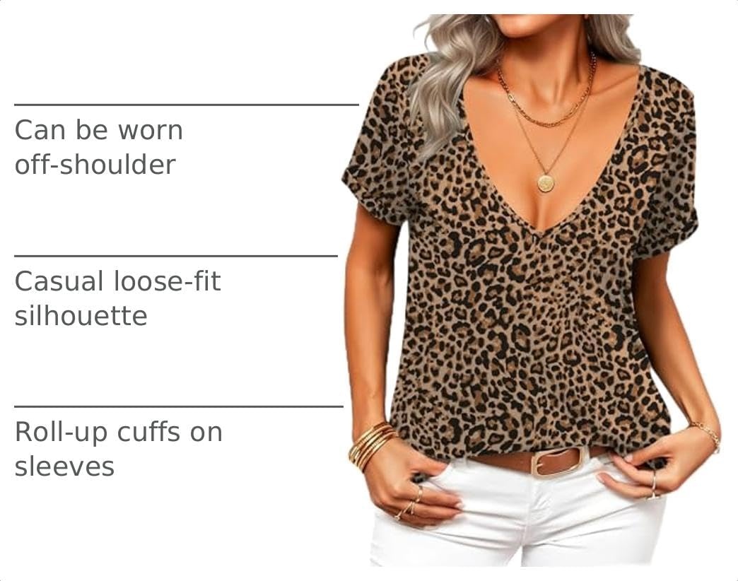 image:imageZeagoo Sexy Tops for Women Deep V Neck Shirts Summer Tops Low Cut TshirtsAn136 Cheetah Print