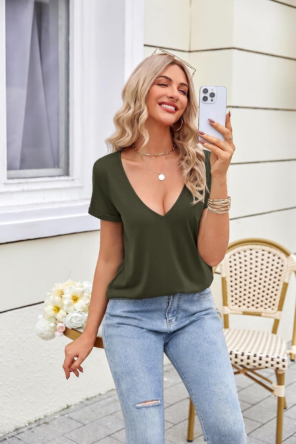 image:imageZeagoo Sexy Tops for Women Deep V Neck Shirts Summer Tops Low Cut TshirtsArmy Green