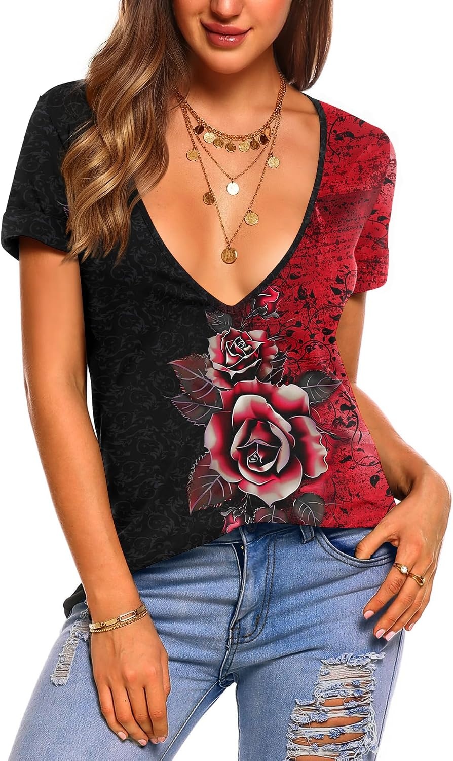 image:imageZeagoo Sexy Tops for Women Deep V Neck Shirts Summer Tops Low Cut TshirtsBf309