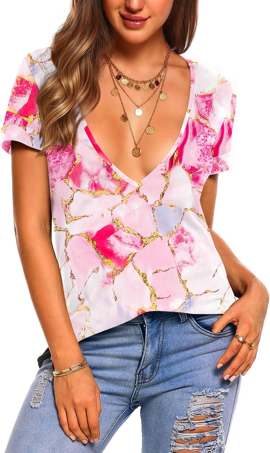 image:imageZeagoo Sexy Tops for Women Deep V Neck Shirts Summer Tops Low Cut TshirtsCx11 Graphic