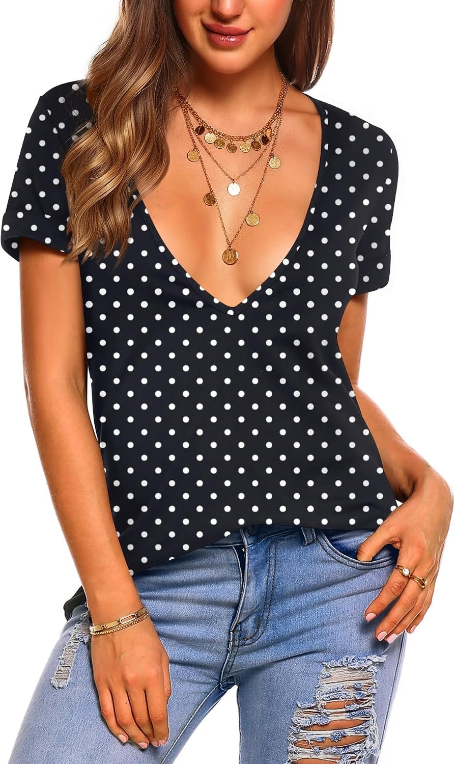 image:imageZeagoo Sexy Tops for Women Deep V Neck Shirts Summer Tops Low Cut TshirtsJh49 Polka Dot