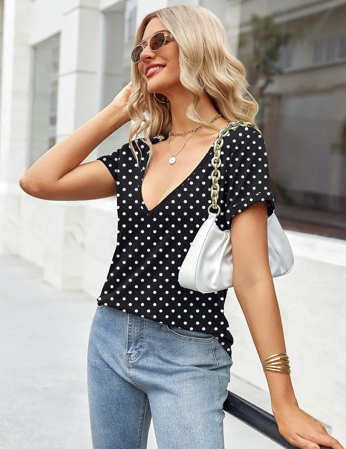 image:imageZeagoo Sexy Tops for Women Deep V Neck Shirts Summer Tops Low Cut TshirtsJh49 Polka Dot