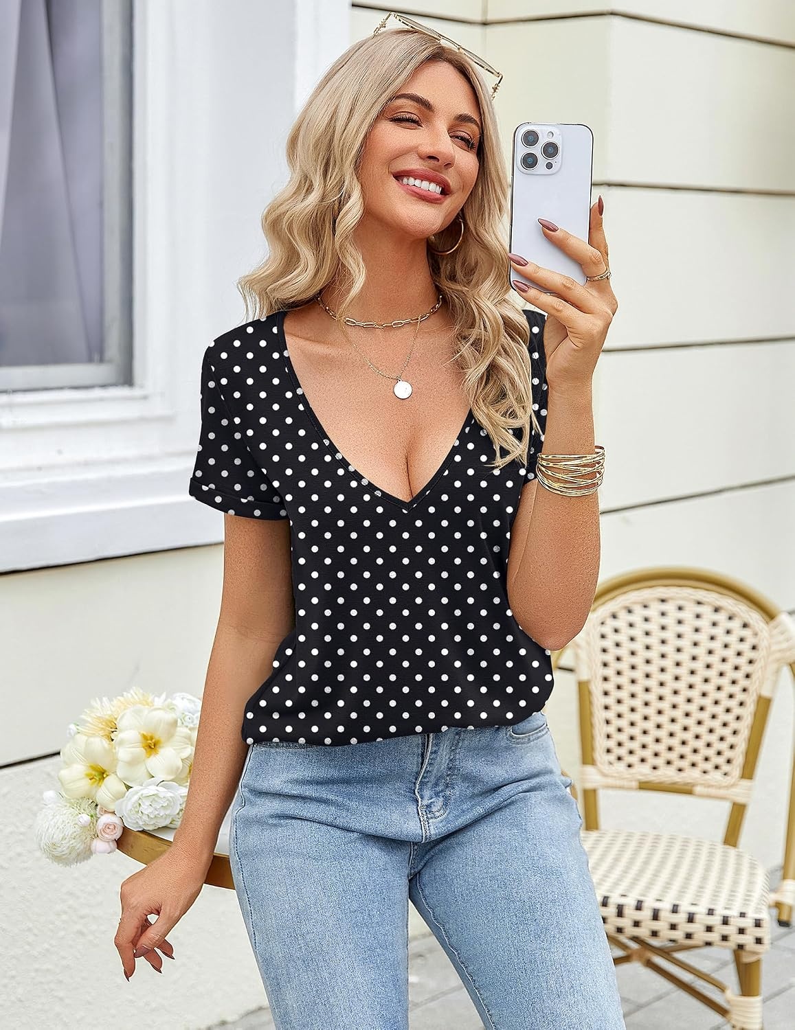 image:imageZeagoo Sexy Tops for Women Deep V Neck Shirts Summer Tops Low Cut TshirtsJh49 Polka Dot