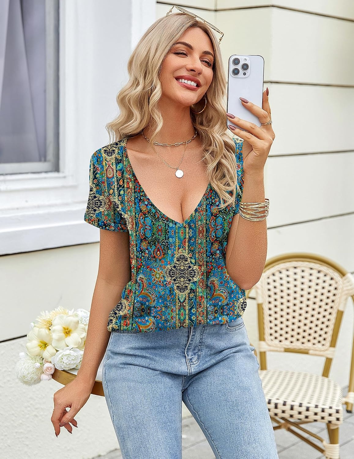 image:imageZeagoo Sexy Tops for Women Deep V Neck Shirts Summer Tops Low Cut TshirtsMz779 Boho