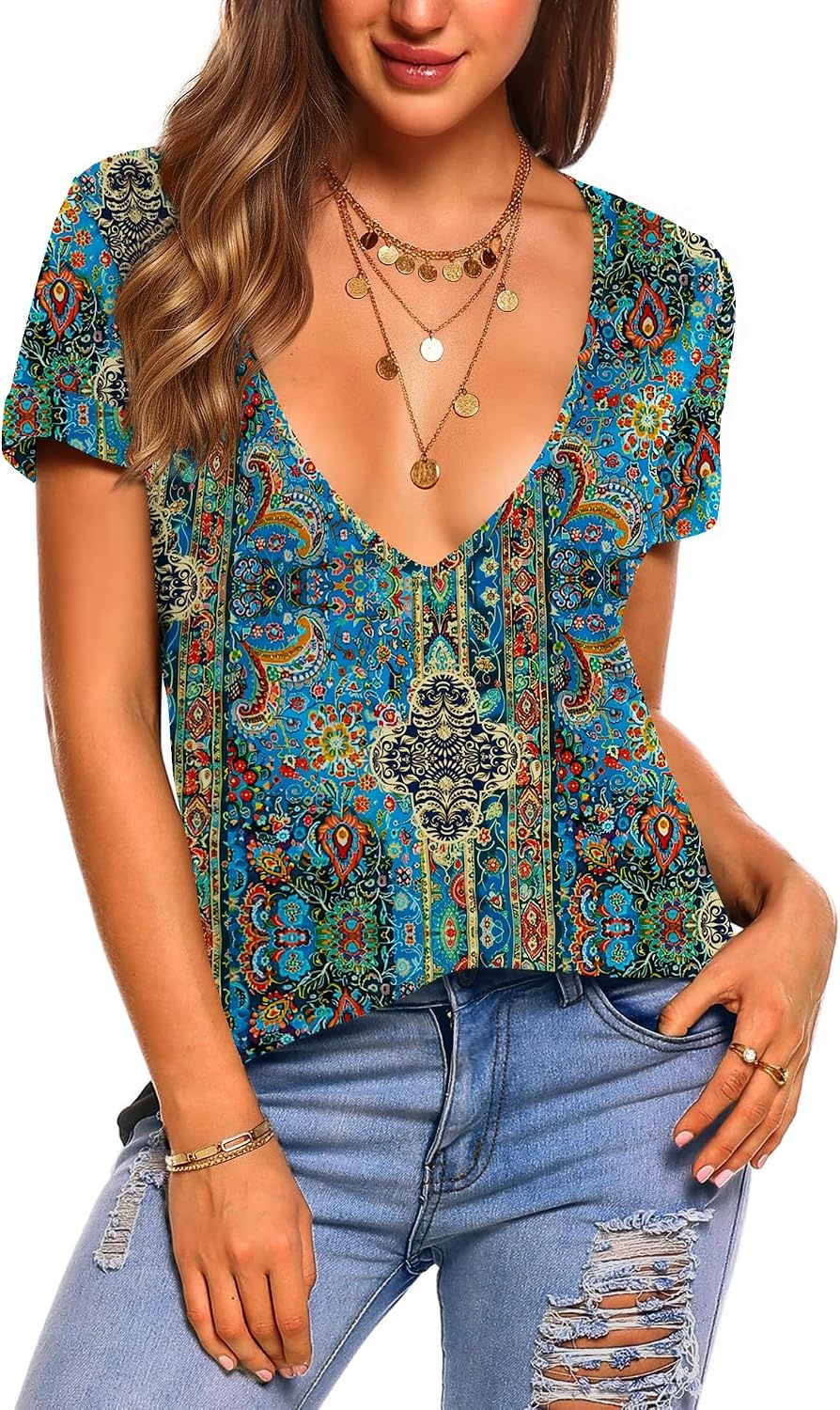 image:imageZeagoo Sexy Tops for Women Deep V Neck Shirts Summer Tops Low Cut TshirtsMz779 Boho
