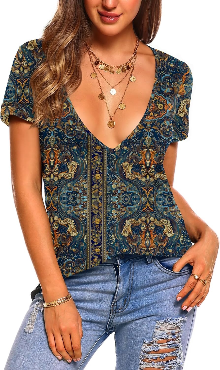 image:imageZeagoo Sexy Tops for Women Deep V Neck Shirts Summer Tops Low Cut TshirtsMz912 Western