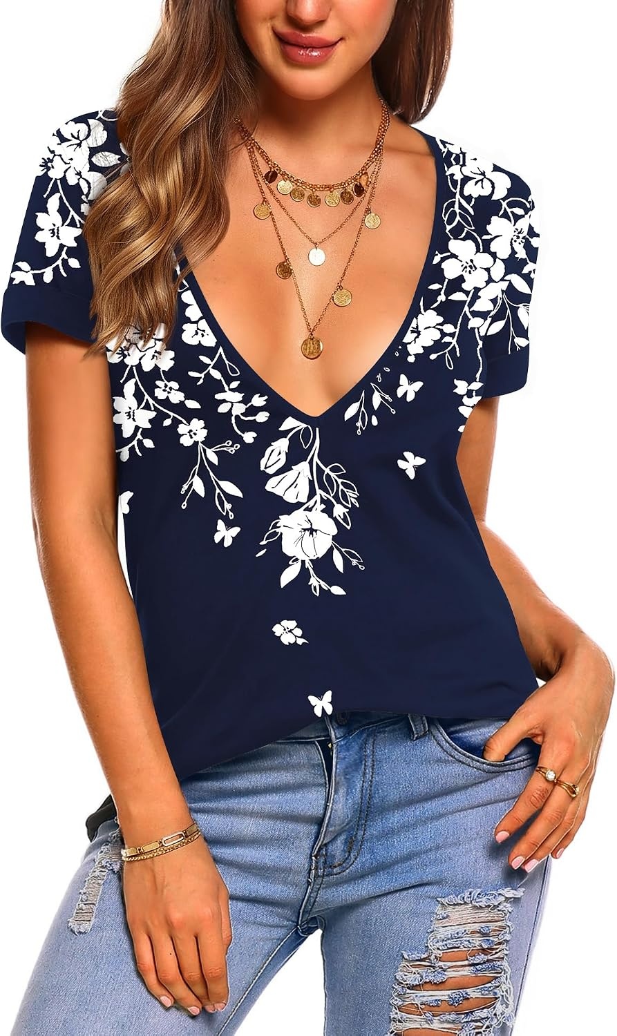 image:imageZeagoo Sexy Tops for Women Deep V Neck Shirts Summer Tops Low Cut TshirtsSf103 Boho
