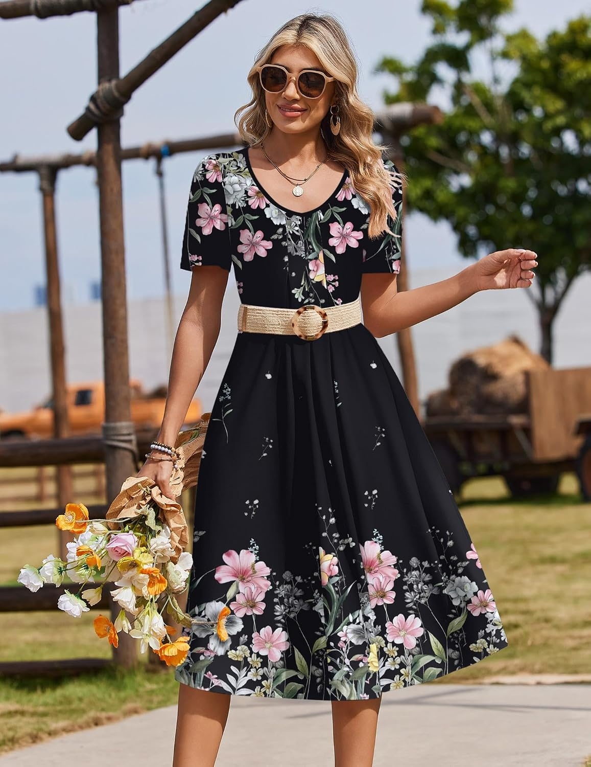 image:imageZeagoo Summer Casual Dress for Womens Floral Midi Sundress with PocketsBlack Floral1