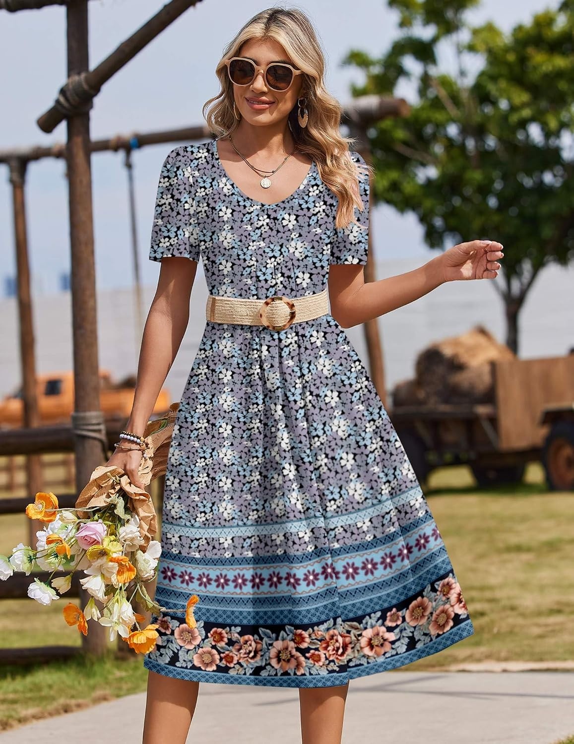 image:imageZeagoo Summer Casual Dress for Womens Floral Midi Sundress with PocketsBlue Floralprinted