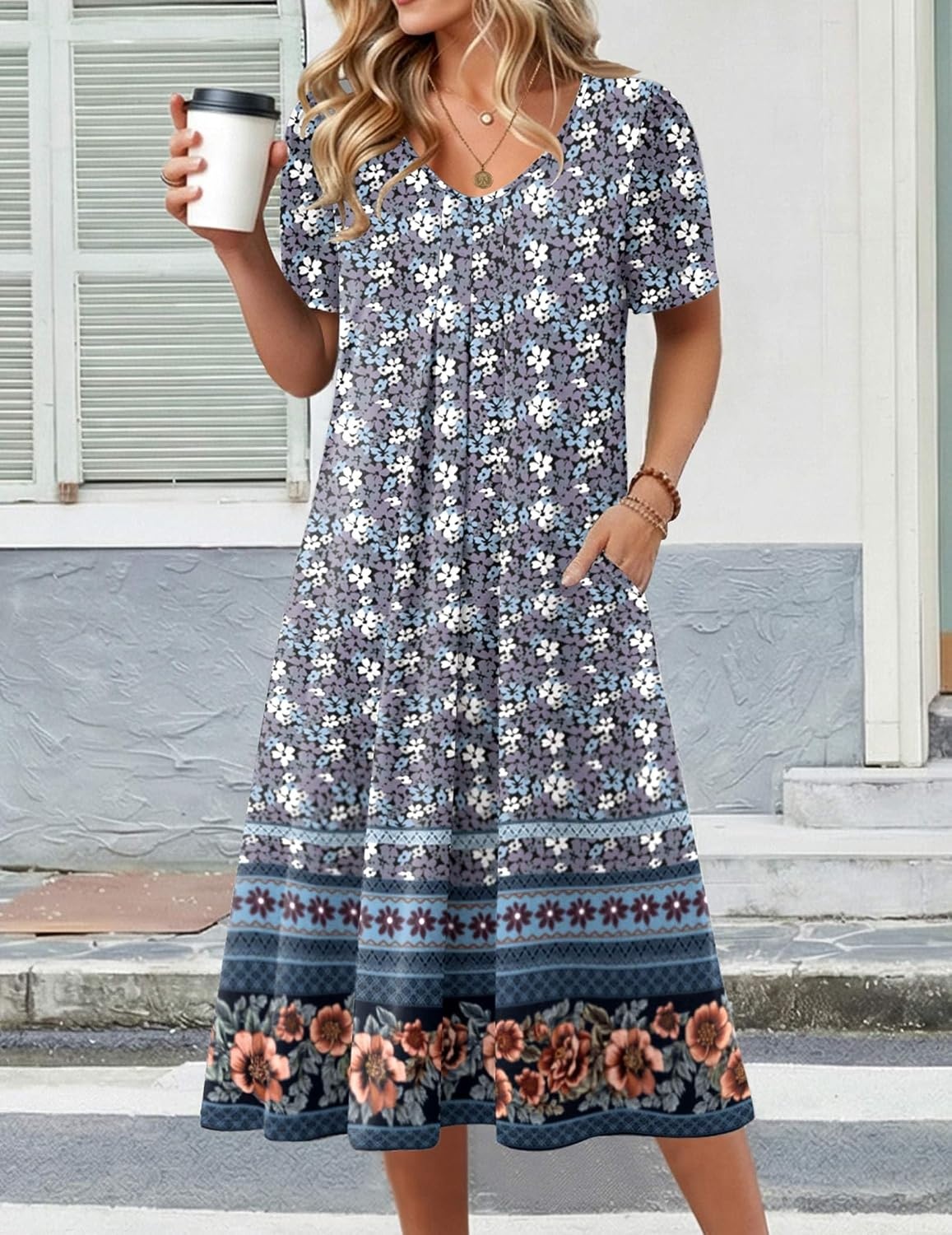 image:imageZeagoo Summer Casual Dress for Womens Floral Midi Sundress with PocketsBlue Floralprinted