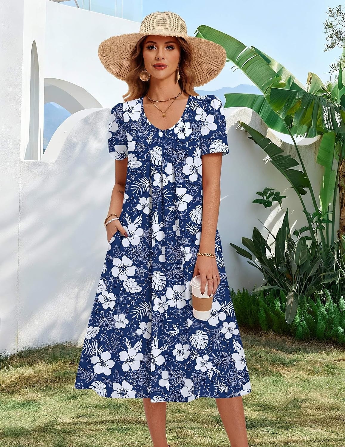 image:imageZeagoo Summer Casual Dress for Womens Floral Midi Sundress with PocketsBlue White Floral