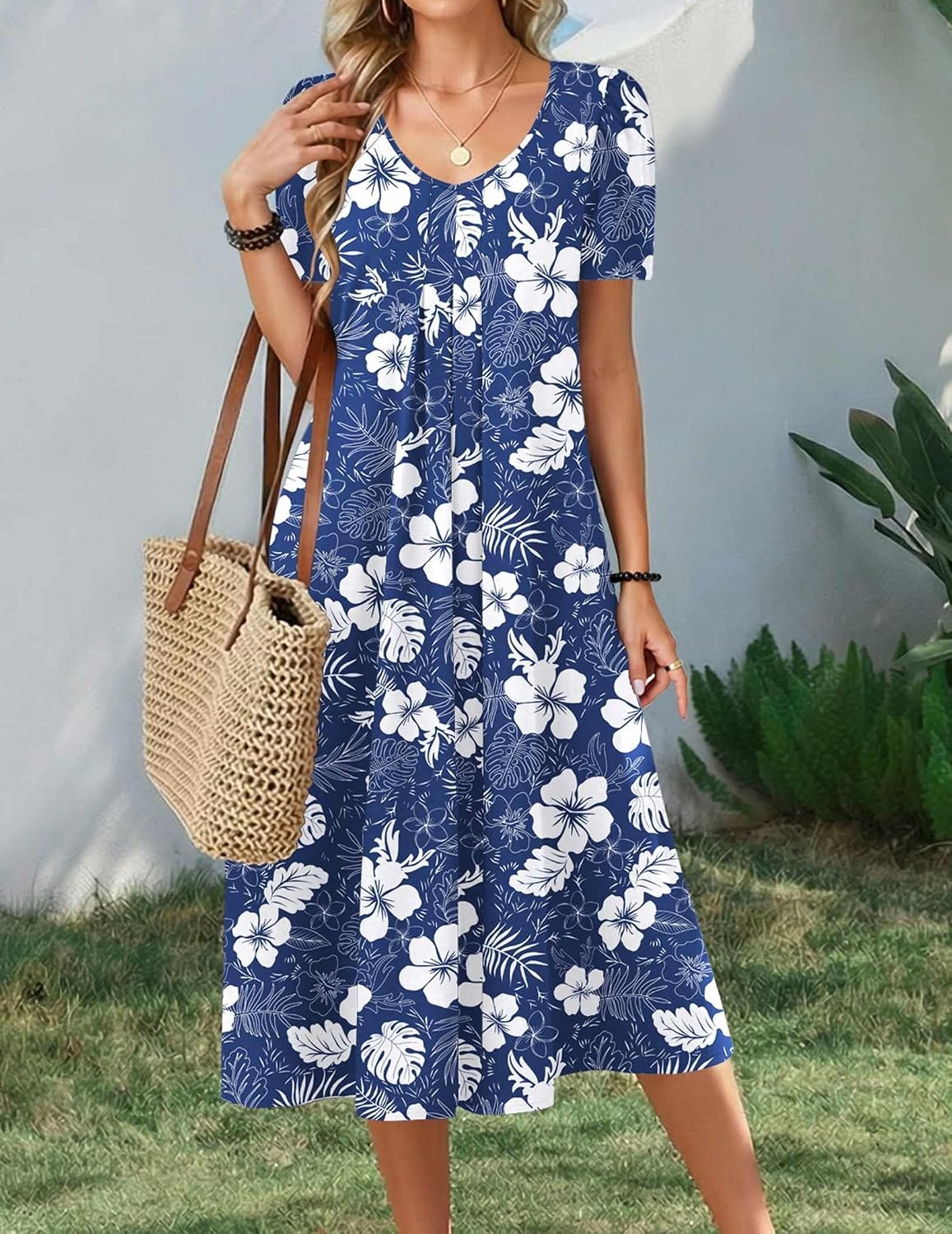 image:imageZeagoo Summer Casual Dress for Womens Floral Midi Sundress with PocketsBlue White Floral