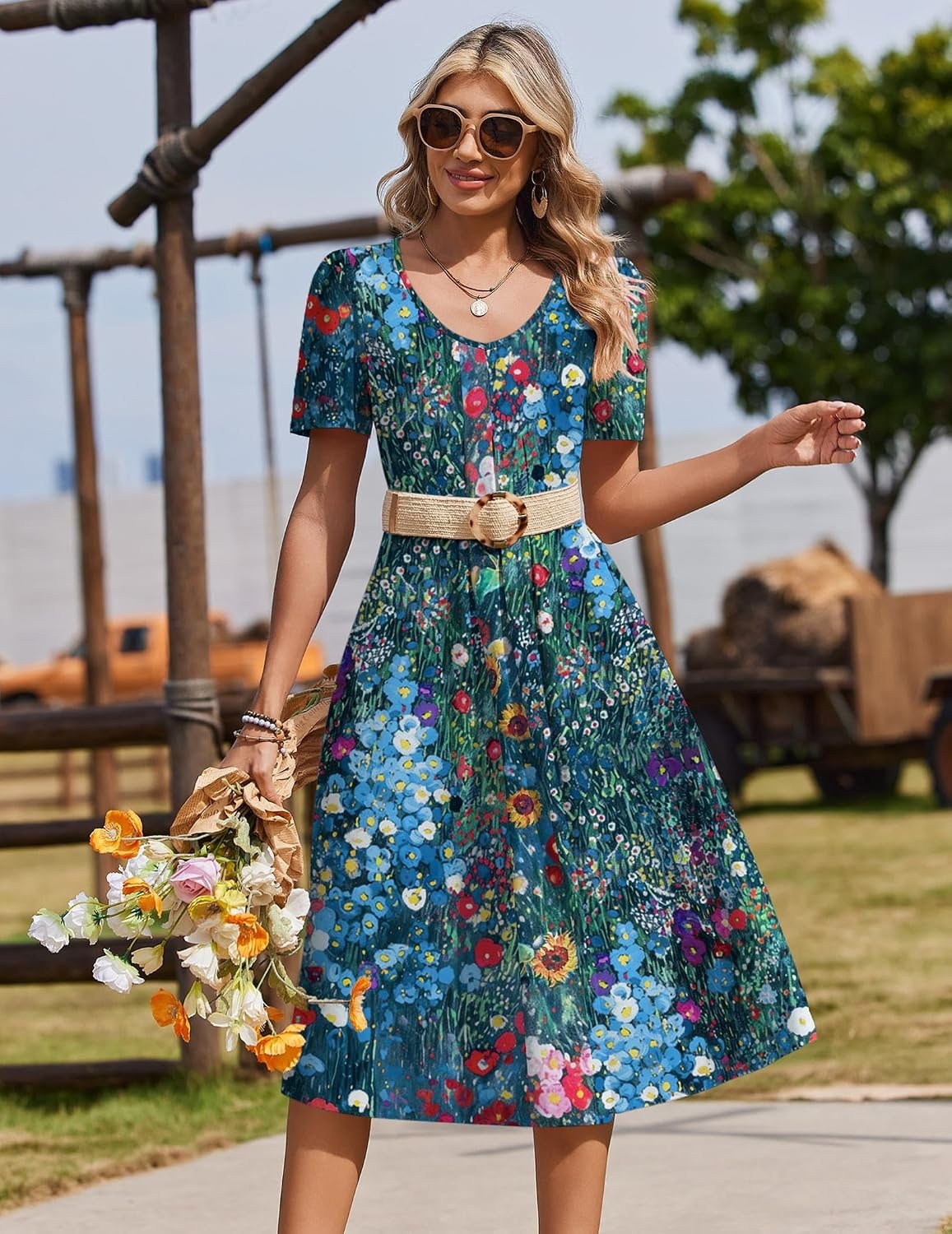 image:imageZeagoo Summer Casual Dress for Womens Floral Midi Sundress with PocketsFloral1