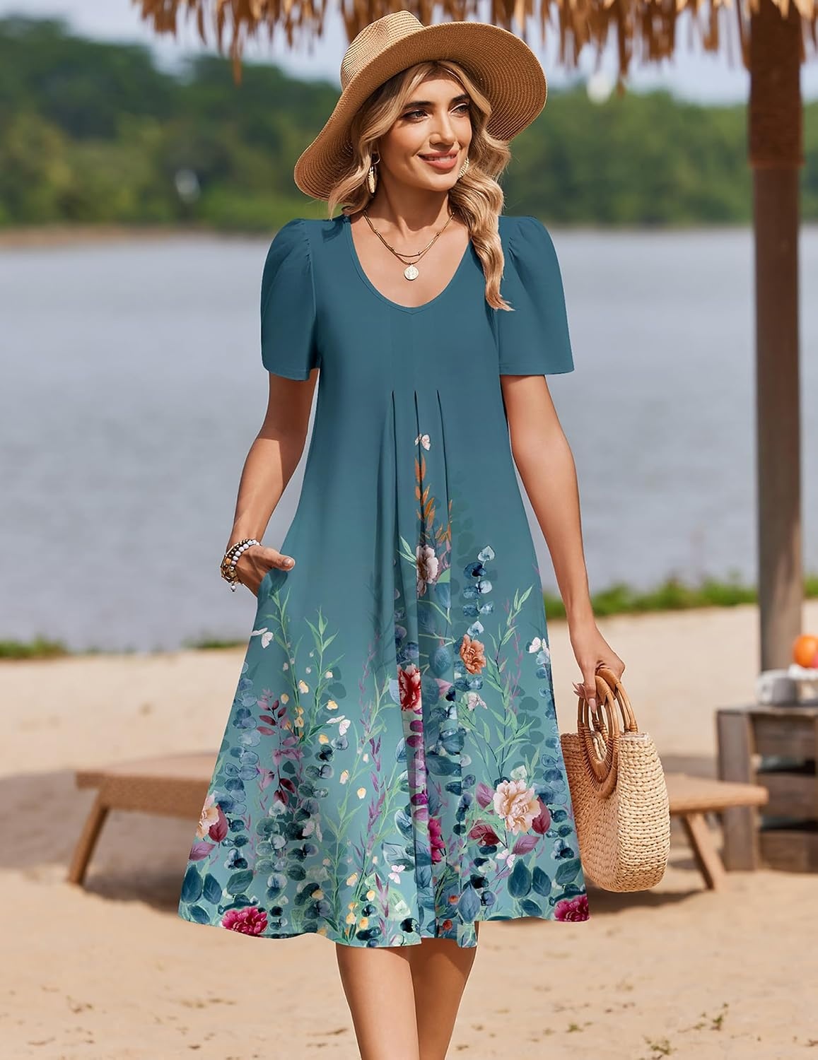image:imageZeagoo Summer Casual Dress for Womens Floral Midi Sundress with PocketsFloral7